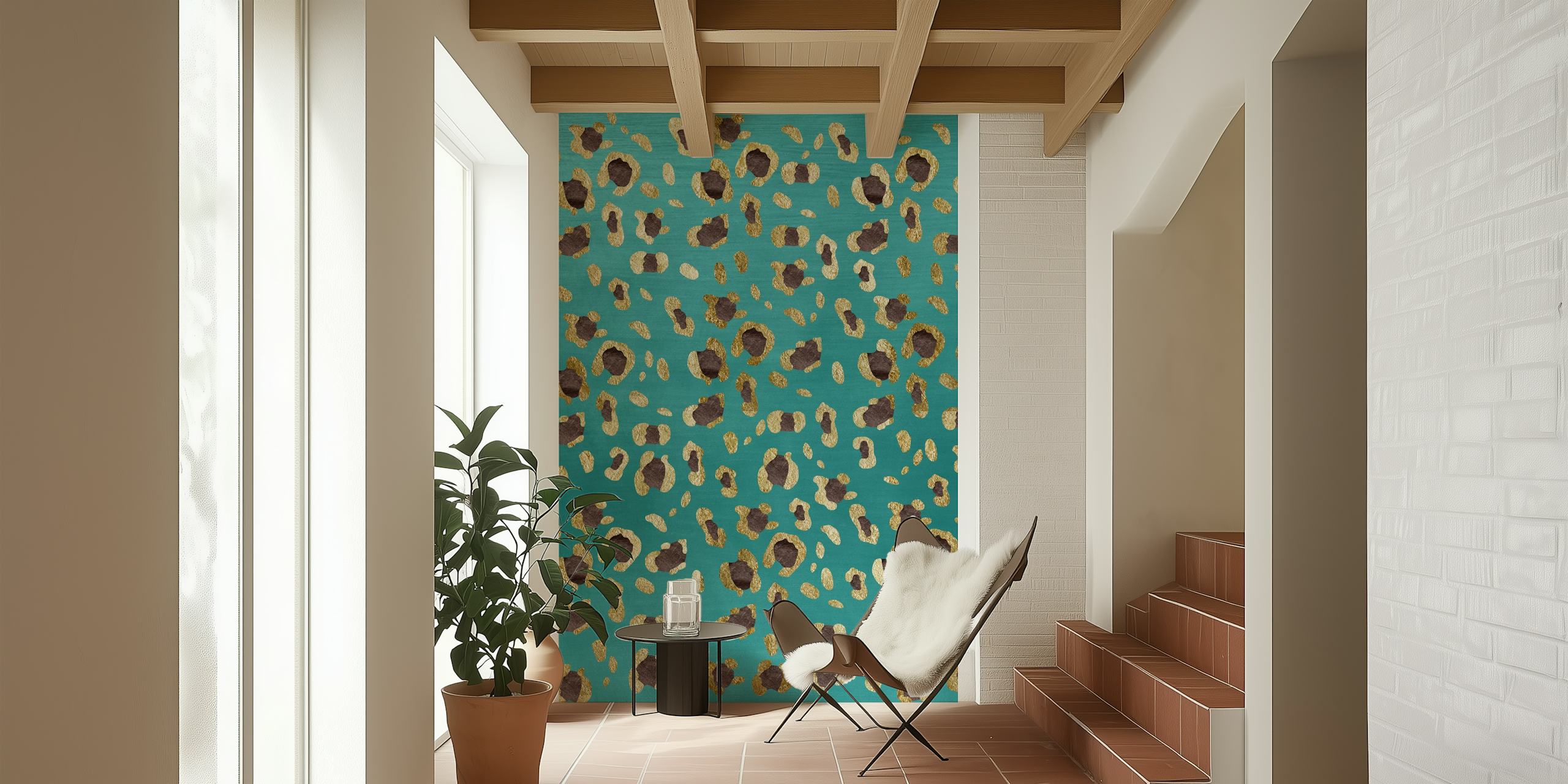 Teal and leopard print wall mural named Leopard Animal Print Glam 28