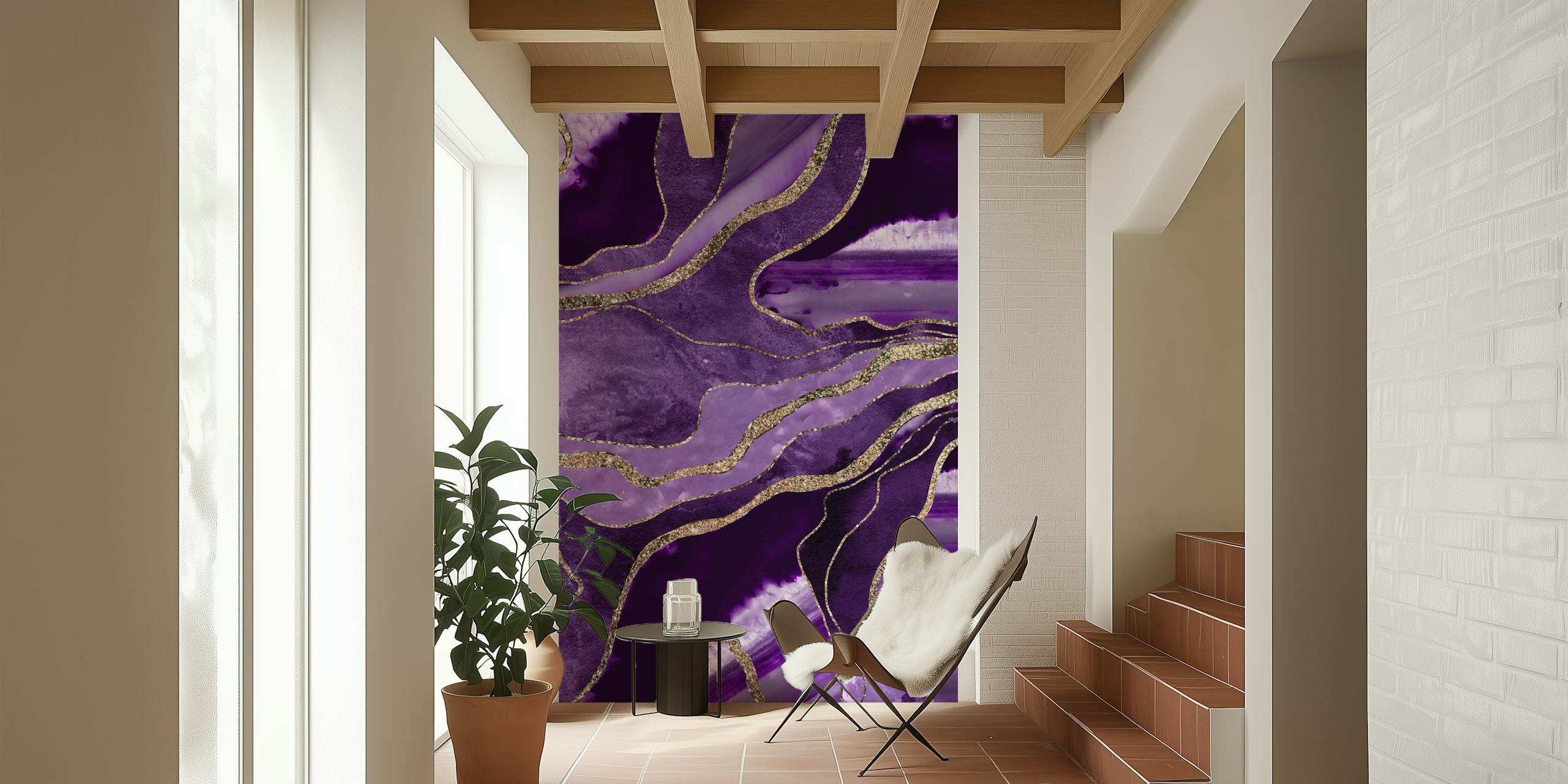 Purple swirling marble with gold accents wallpaper