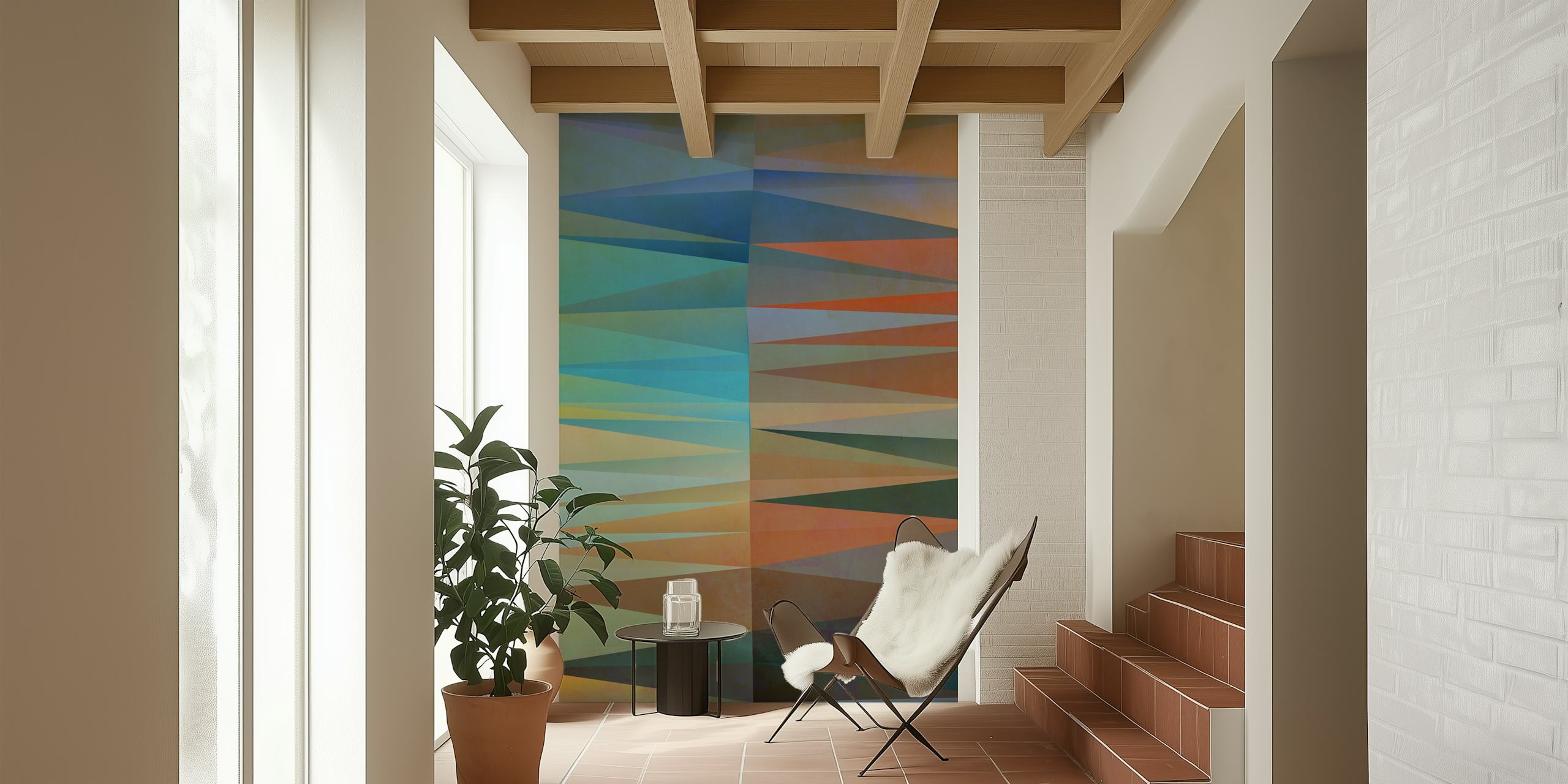 Geometryczna abstrakcyjna fototapeta z kolorowymi trójkątami i paskami