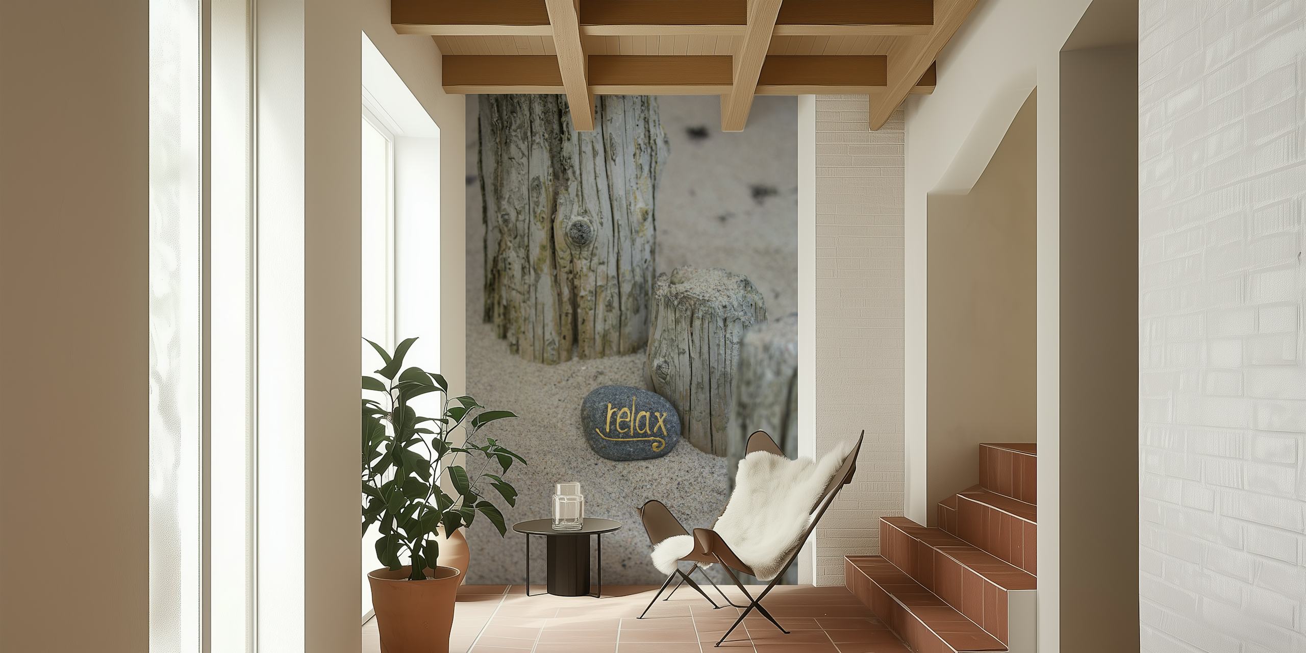 Relax lettering on grey pebble surrounded by wooden posts wallpaper