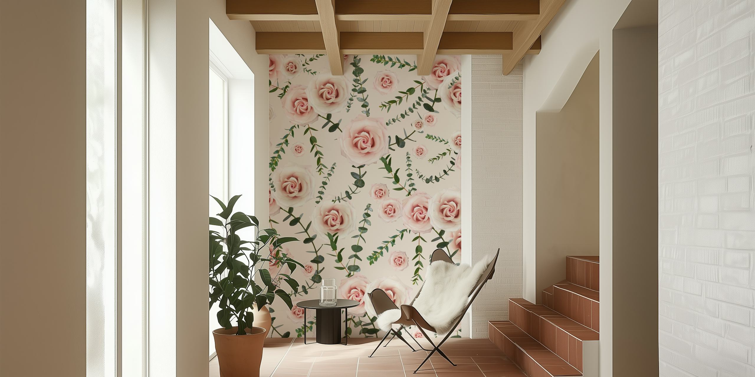 Pink roses and eucalyptus branches pattern wallpaper
