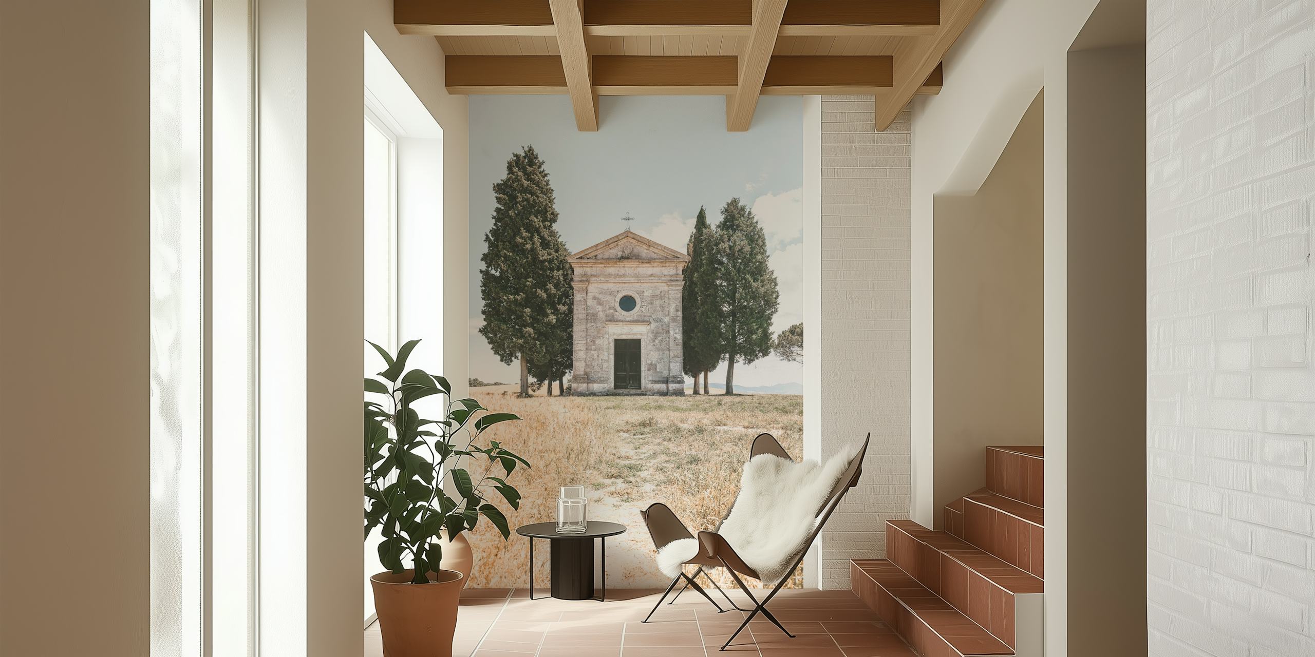 Italian chapel with cypress trees and gray sky wallpaper