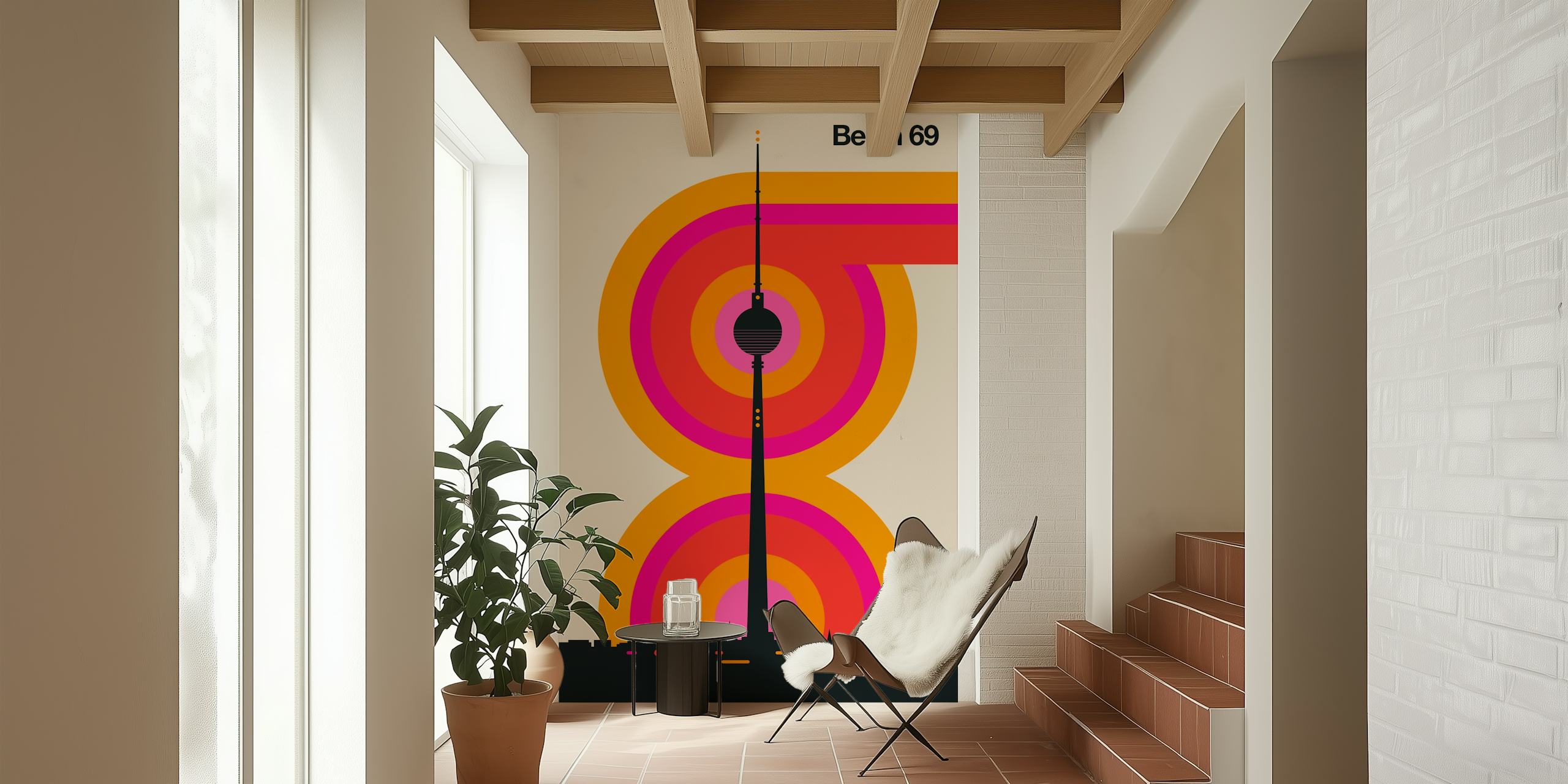 Berlin 69 wall mural featuring retro 60s style graphics and Berlin TV Tower silhouette.
