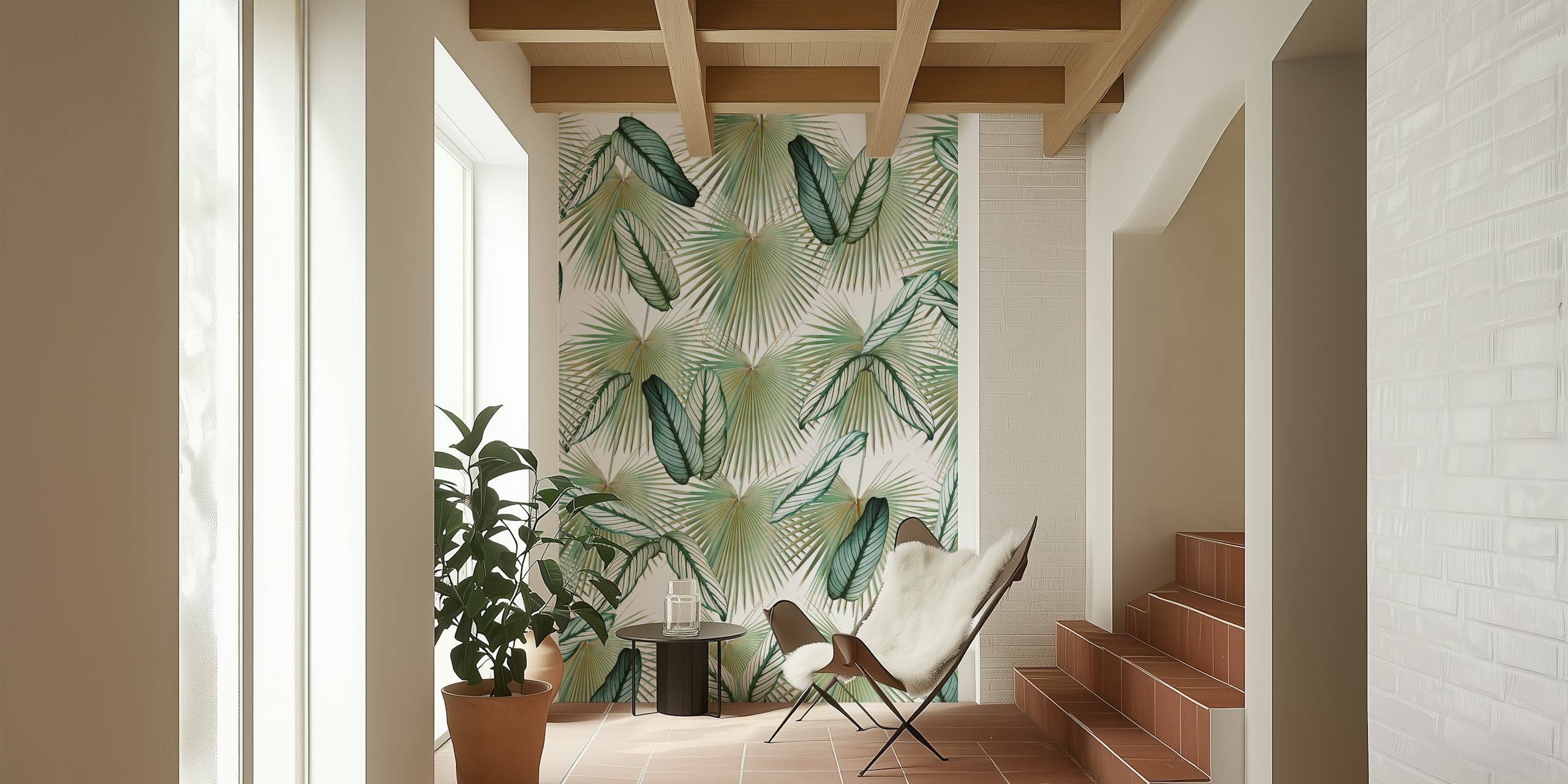 Tropical palm leaf wallpaper in green and beige tones, botanical style