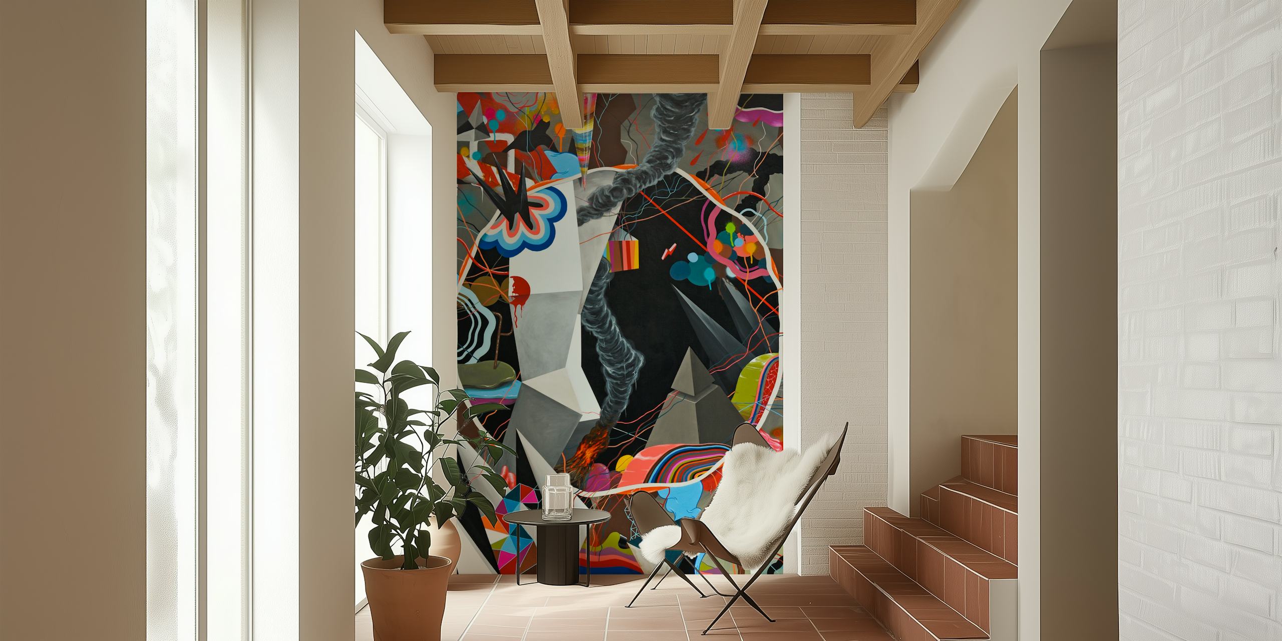 Abstract geometric shapes in vibrant colors on dark background wallpaper