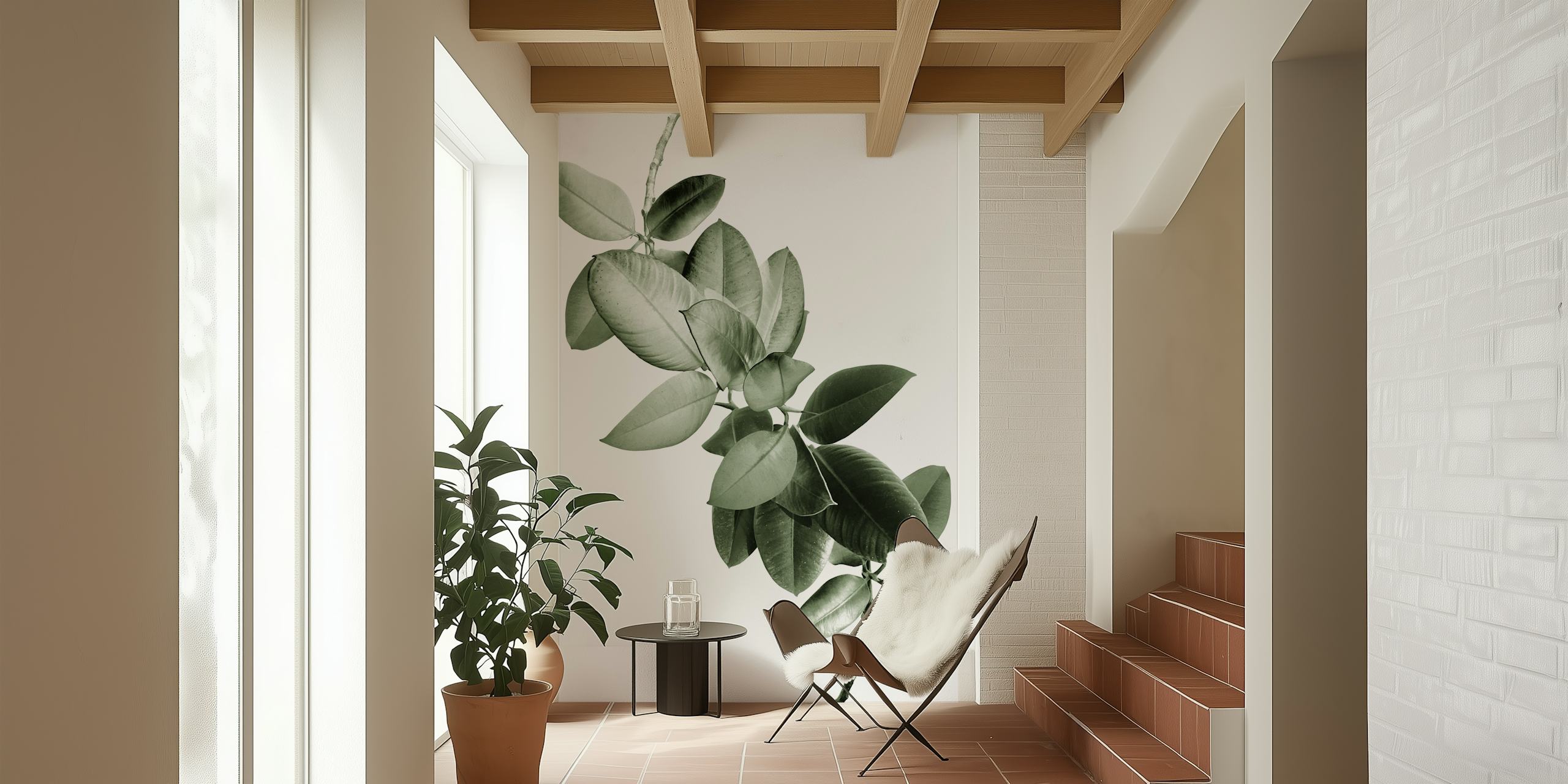 Green leafy branch design wallpaper in black and white style