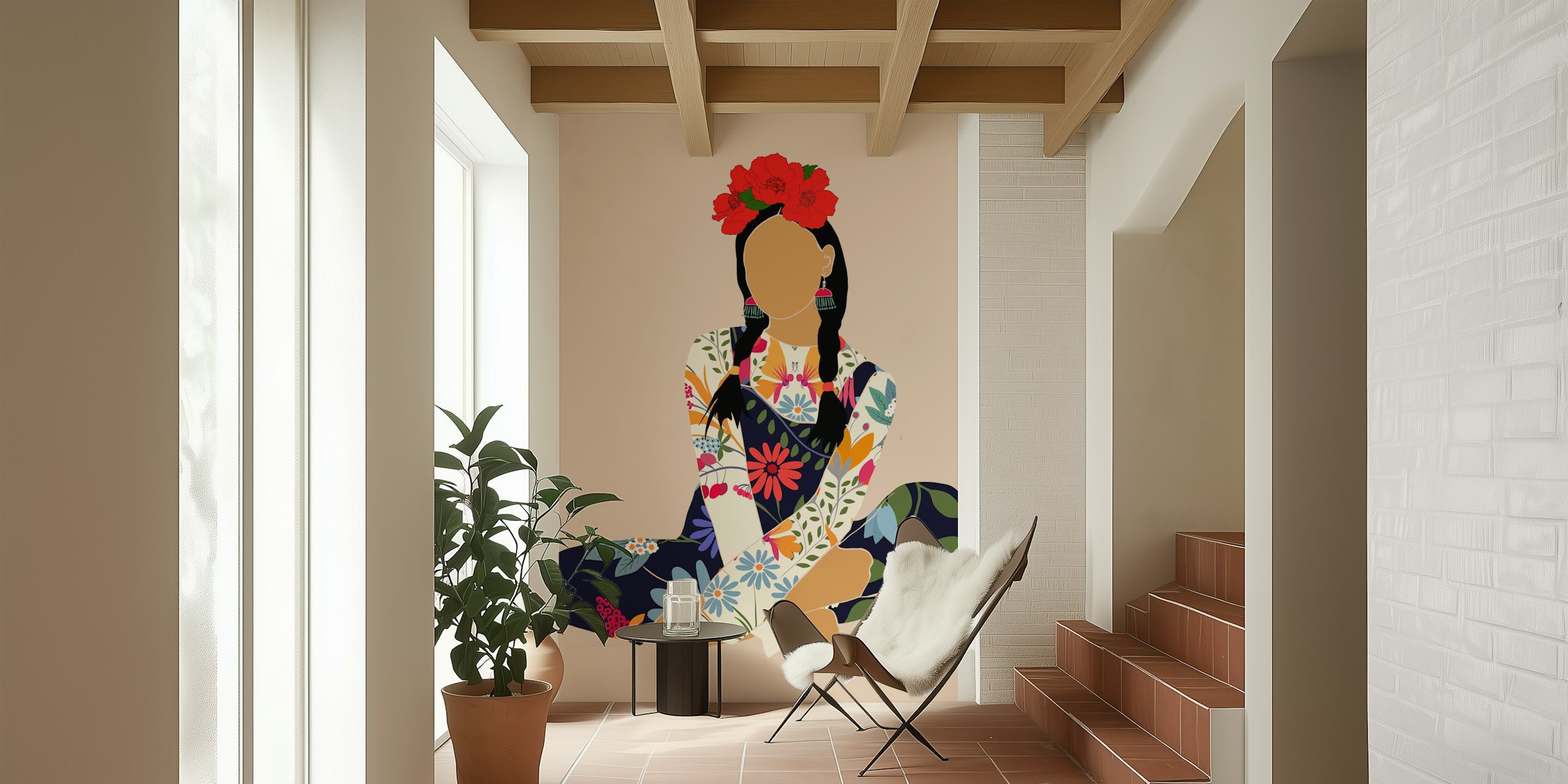 Colorful floral design featuring a woman with flowers and bright patterns wallpaper