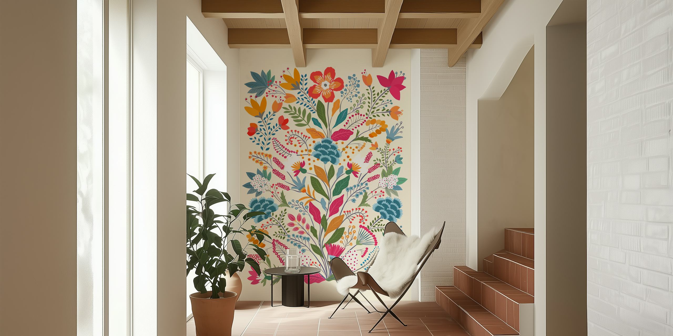 Colorful floral design with pink, blue, and orange flowers on beige wallpaper