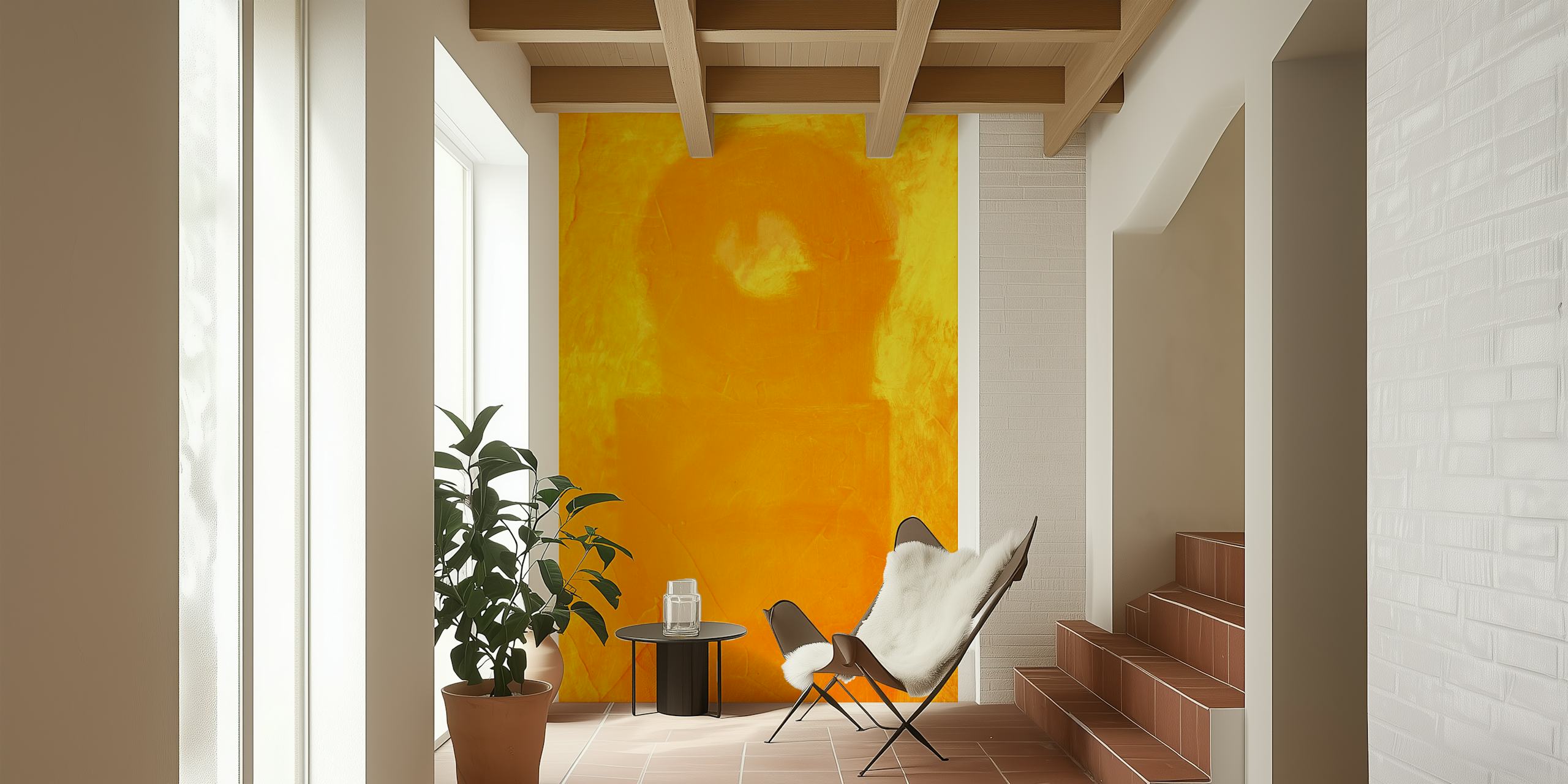 Vibrant yellow cyclic wallpaper in a room