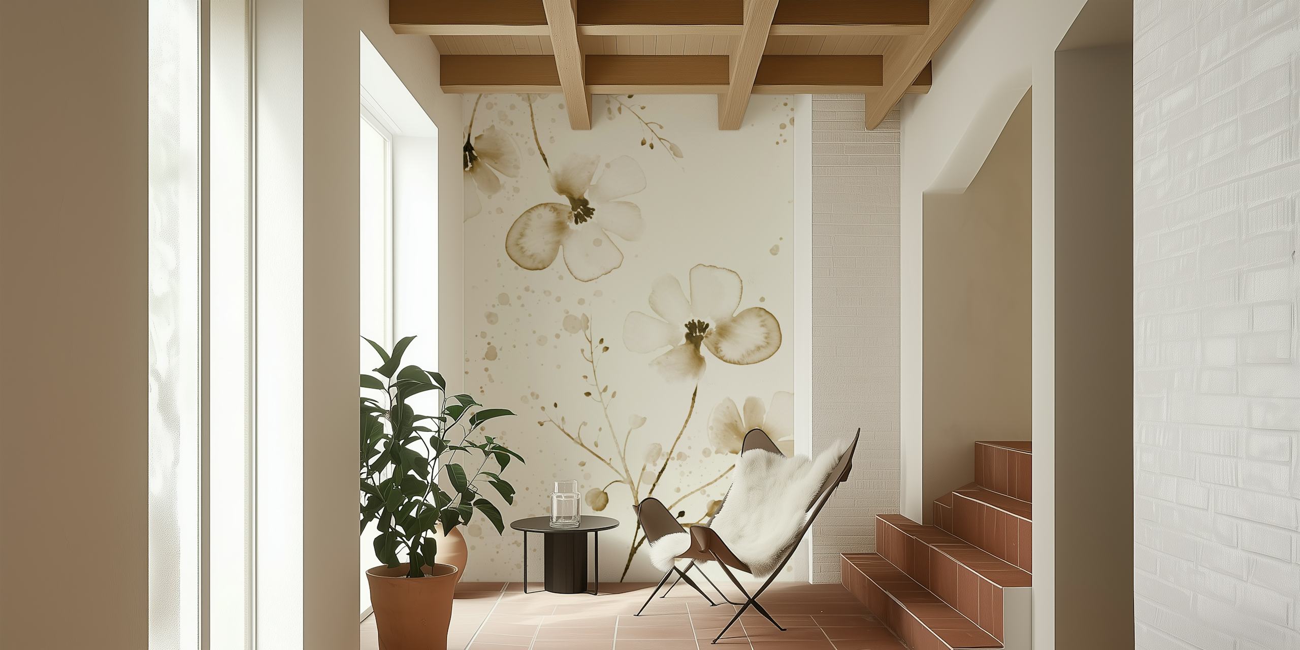 Romantic flower shade ecru wallpaper in a room