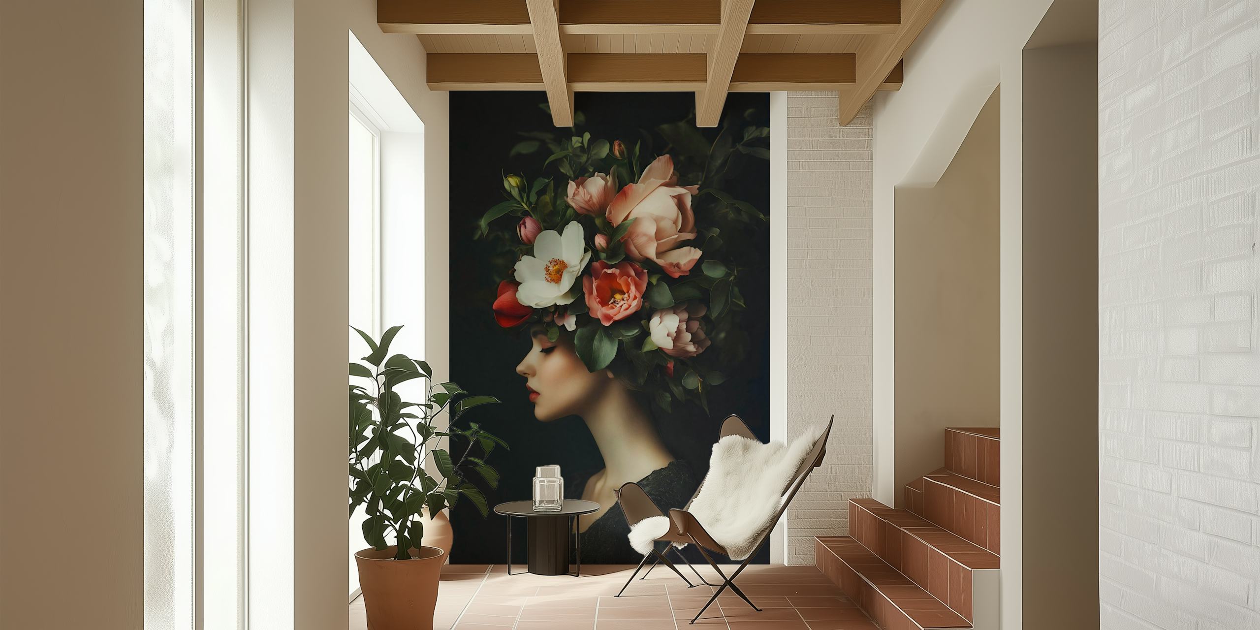 Floral portrait wallpaper in a room