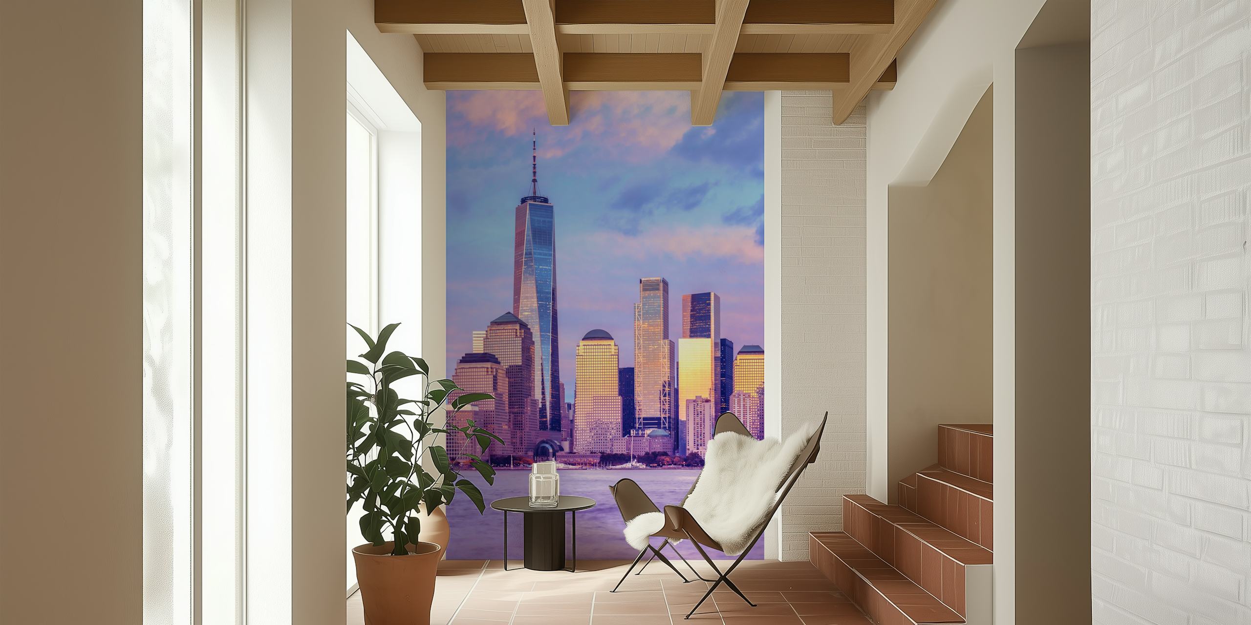 Lower Manhattan skyline at sunset with purple hues wallpaper