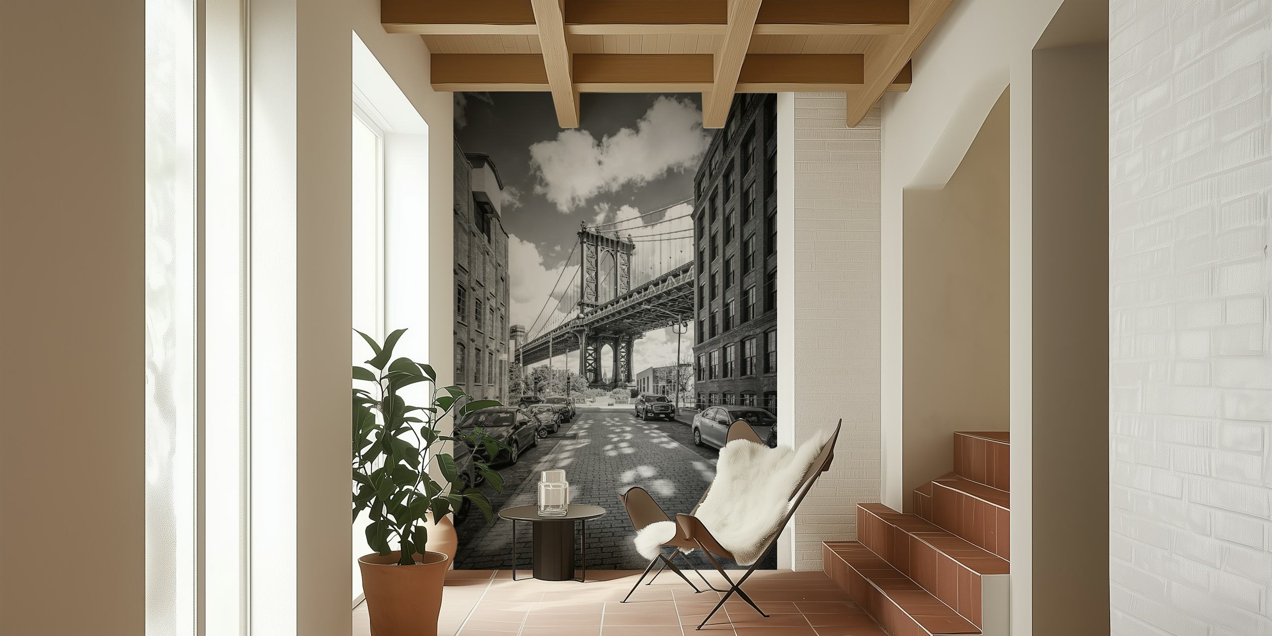 Manhattan Bridge in black and white wallpaper