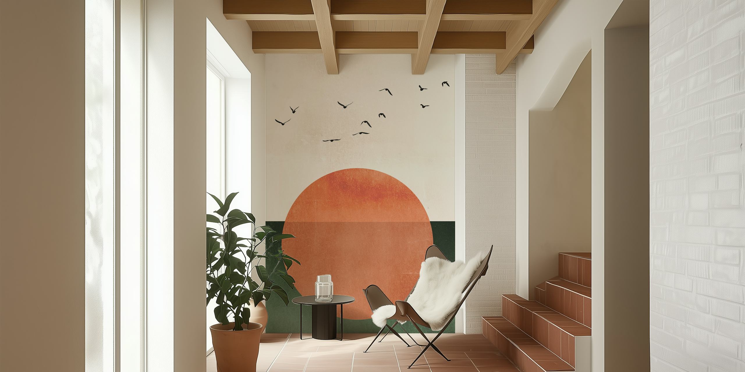 Abstract circle sunset design with orange, green, and birds wallpaper