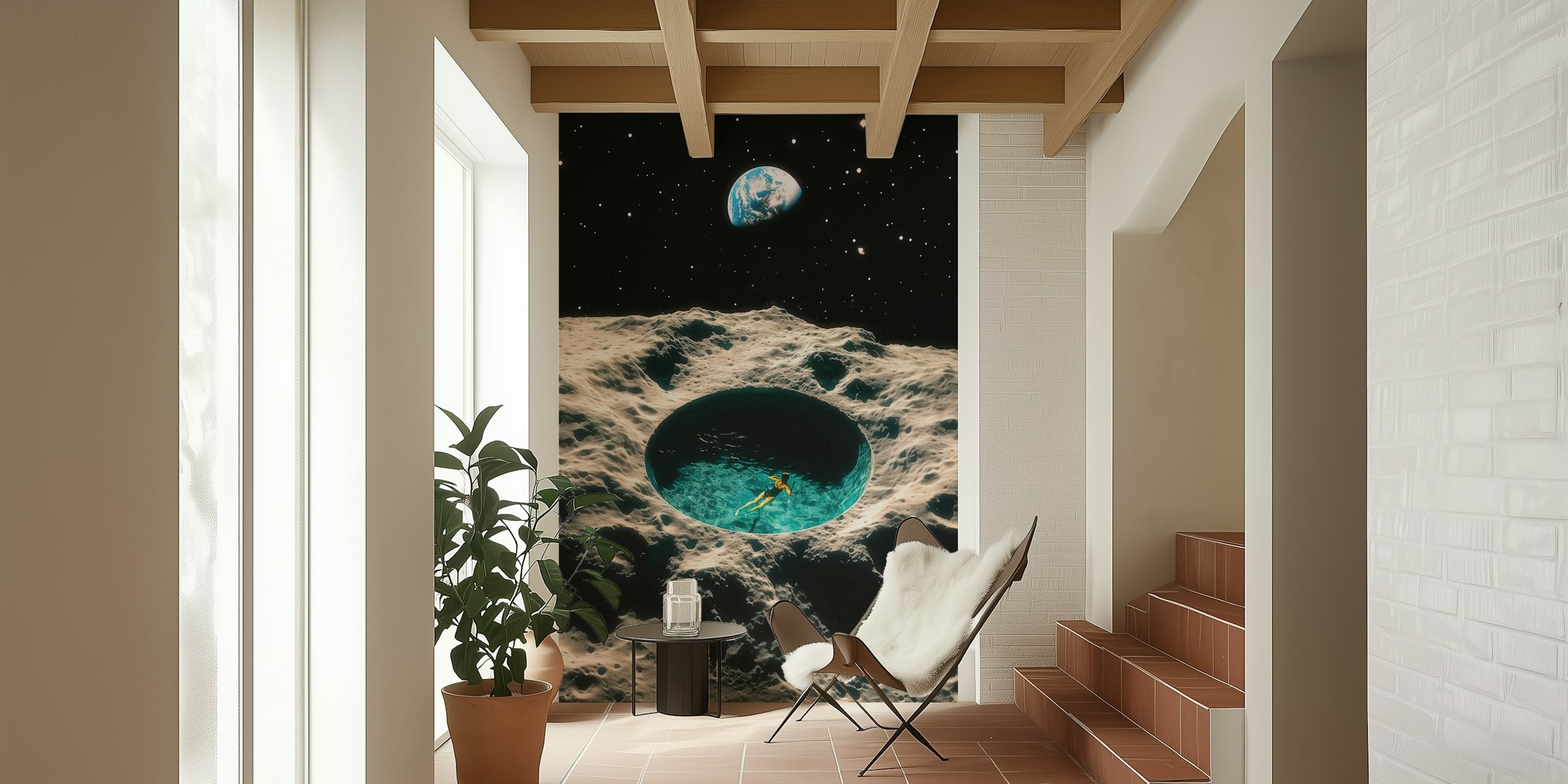 Astronaut floating in blue pool inside a moon crater against a starry sky wallpaper