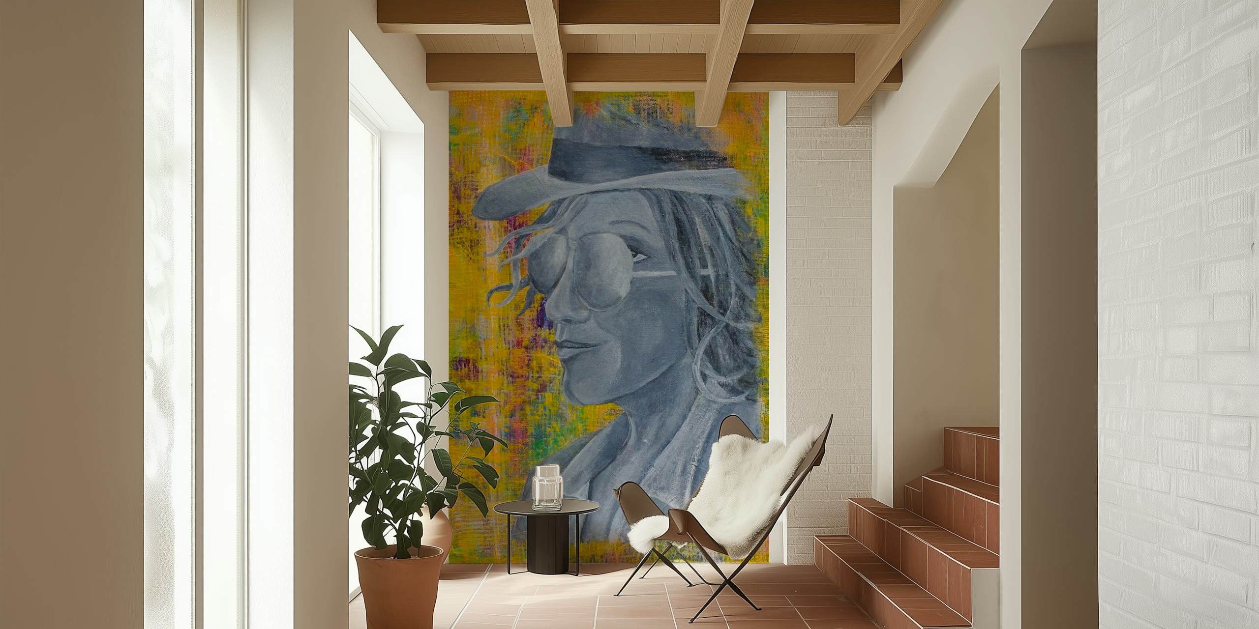 Colorful abstract portrait with vibrant yellow and gray tones wallpaper