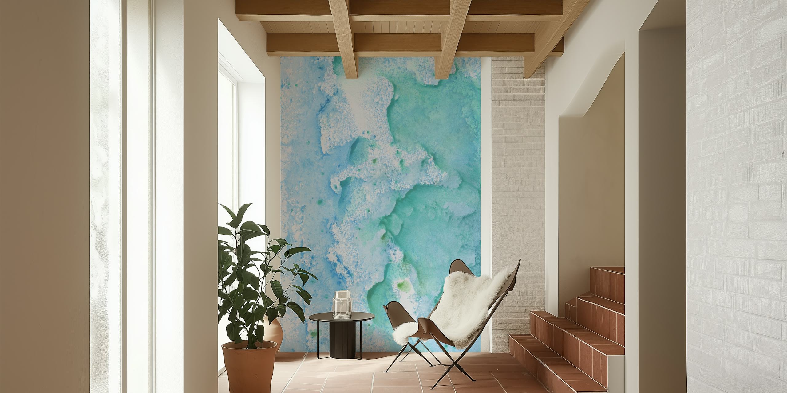 Soft turquoise watercolor patterns in light blue and green tones wallpaper