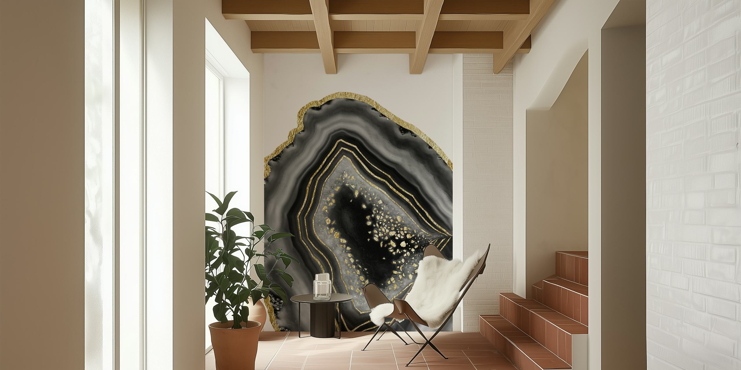 Black Agate Gold Foil Glam wallpaper in a room