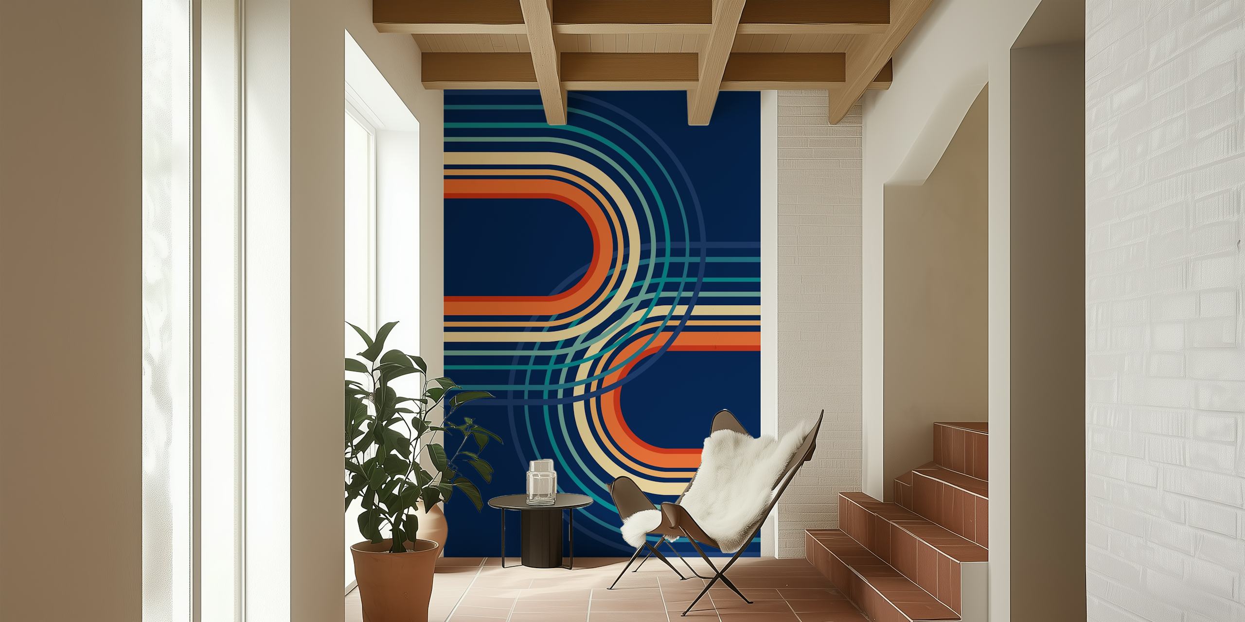 Geometric rainbow arch patterns in blue, orange, and cream wallpaper