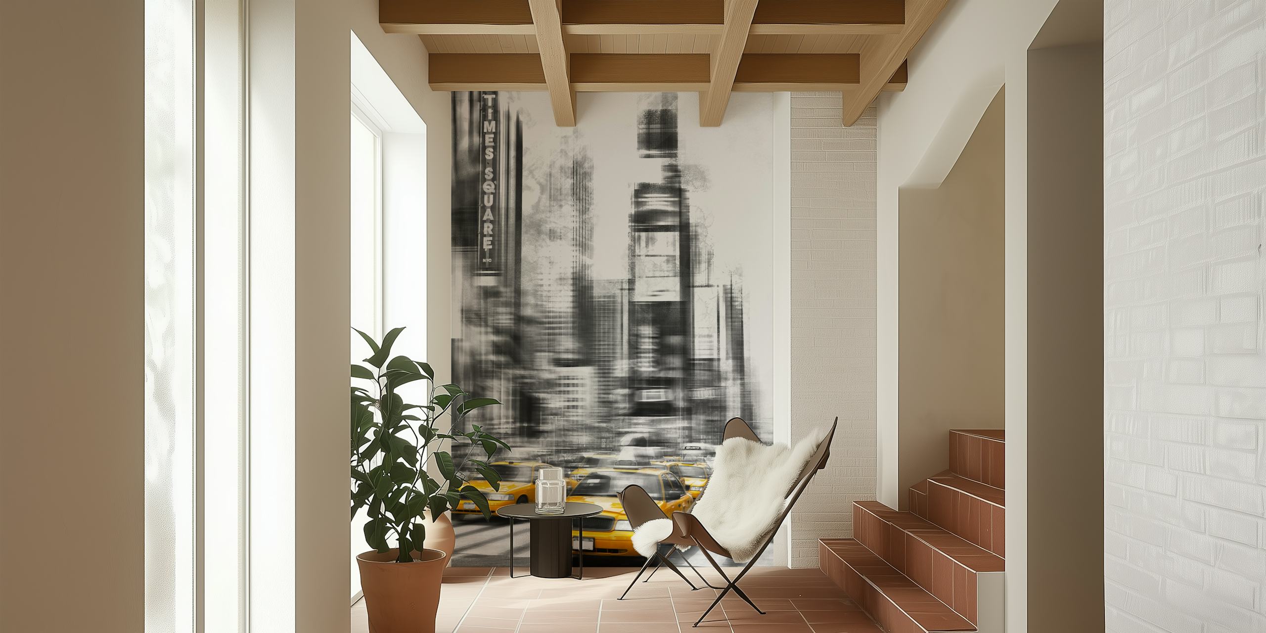 New York Times Square black and white mural with yellow taxis wallpaper