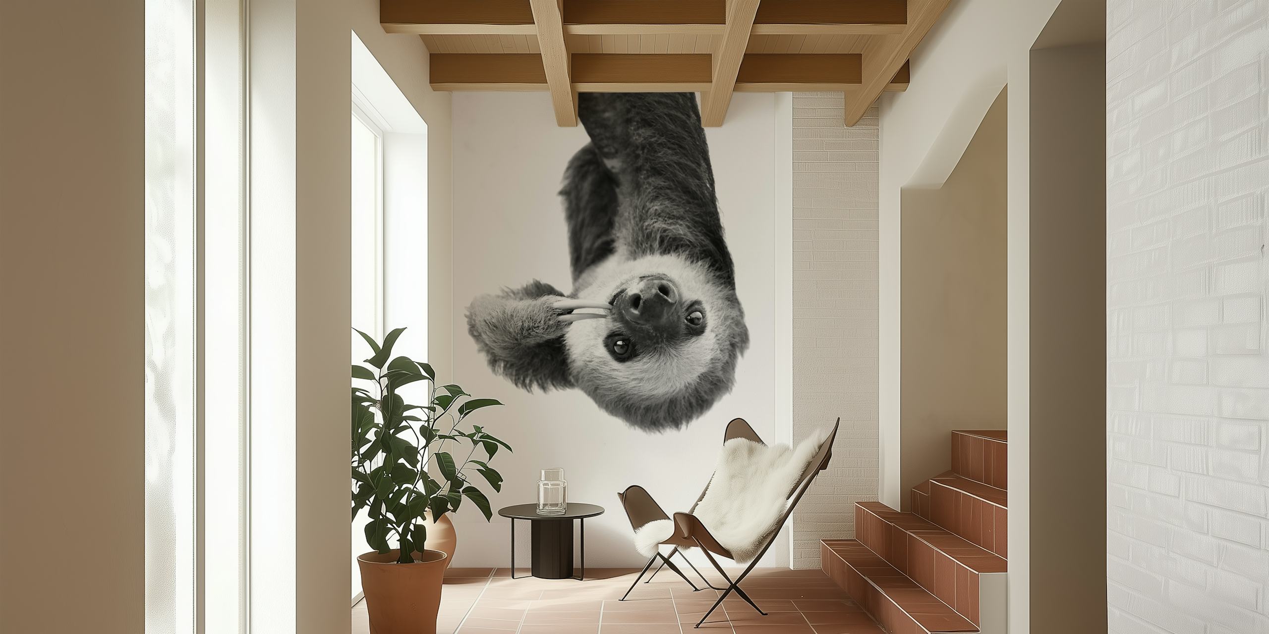 Black and white sloth hanging upside down wallpaper