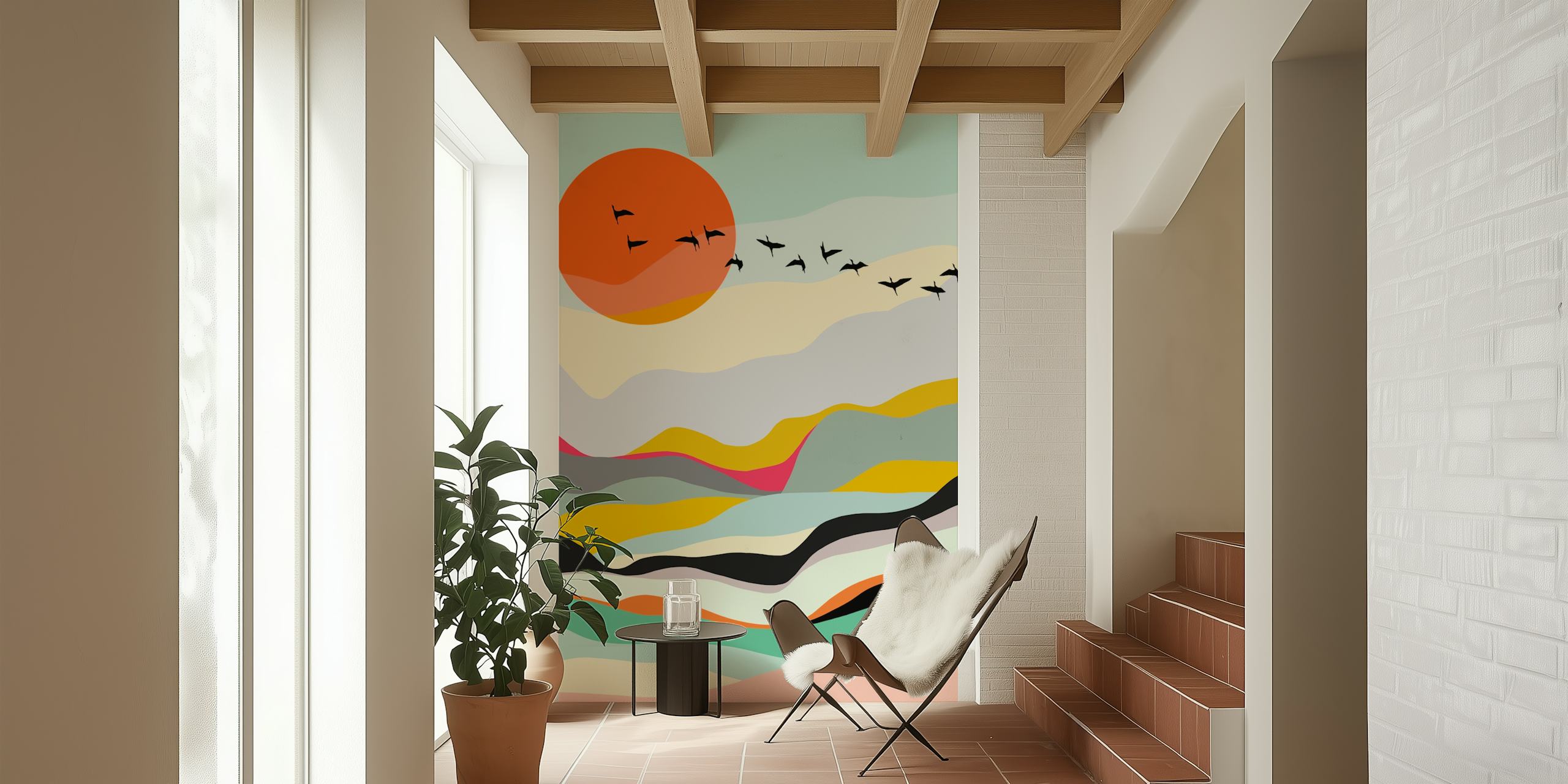 Birds flying over a sunset wallpaper design