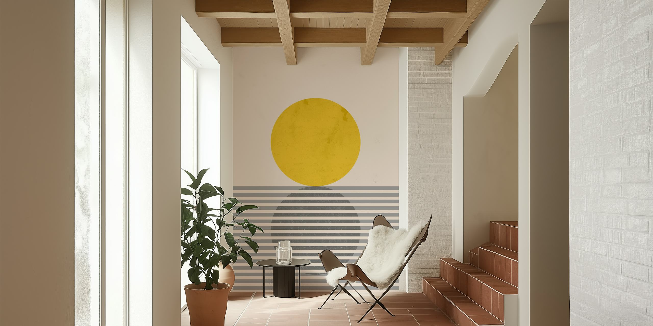 Geometric yellow circle with grey striped background wallpaper