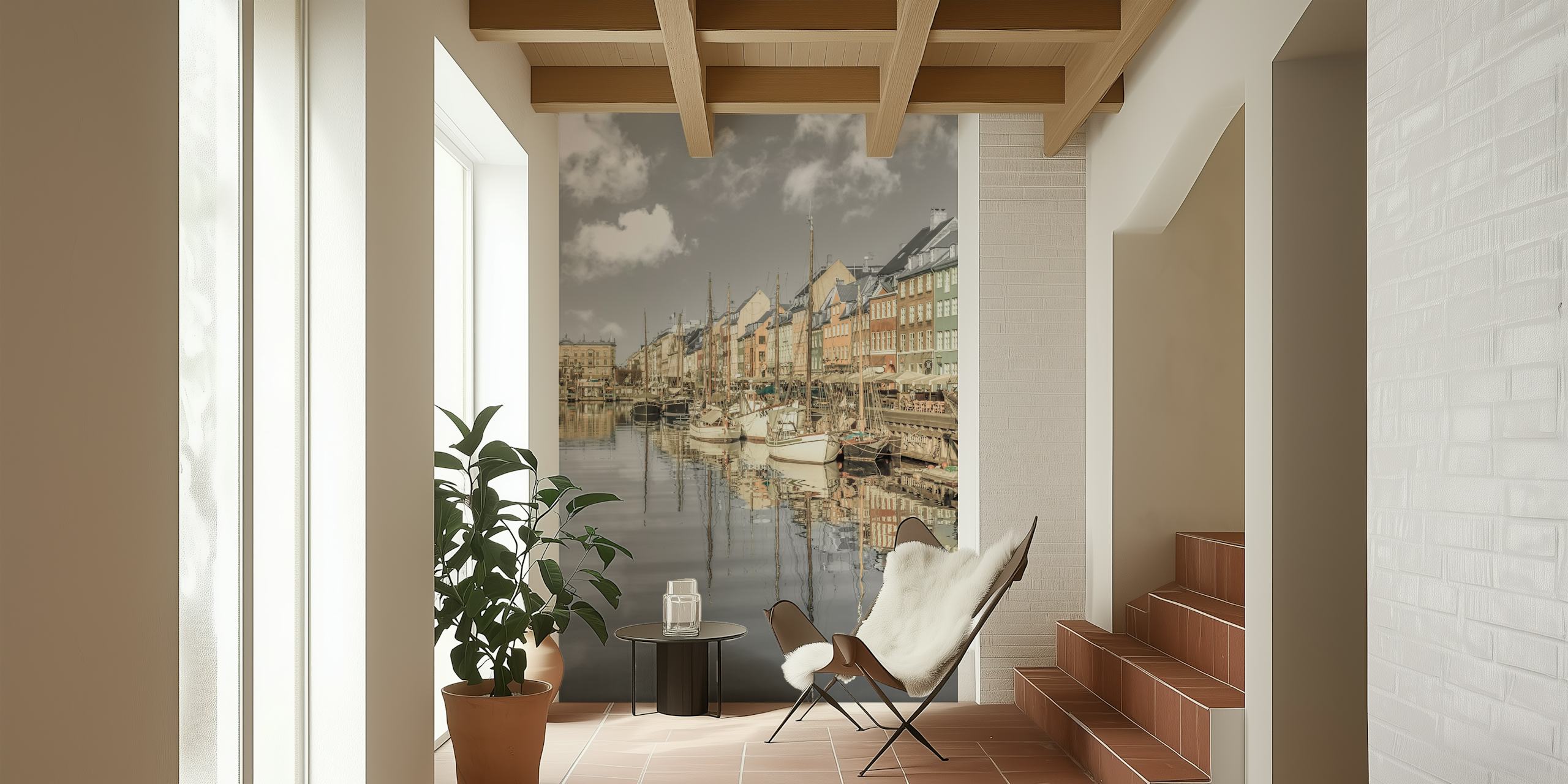 Copenhagen Nyhavn Impression vintage wallpaper in room