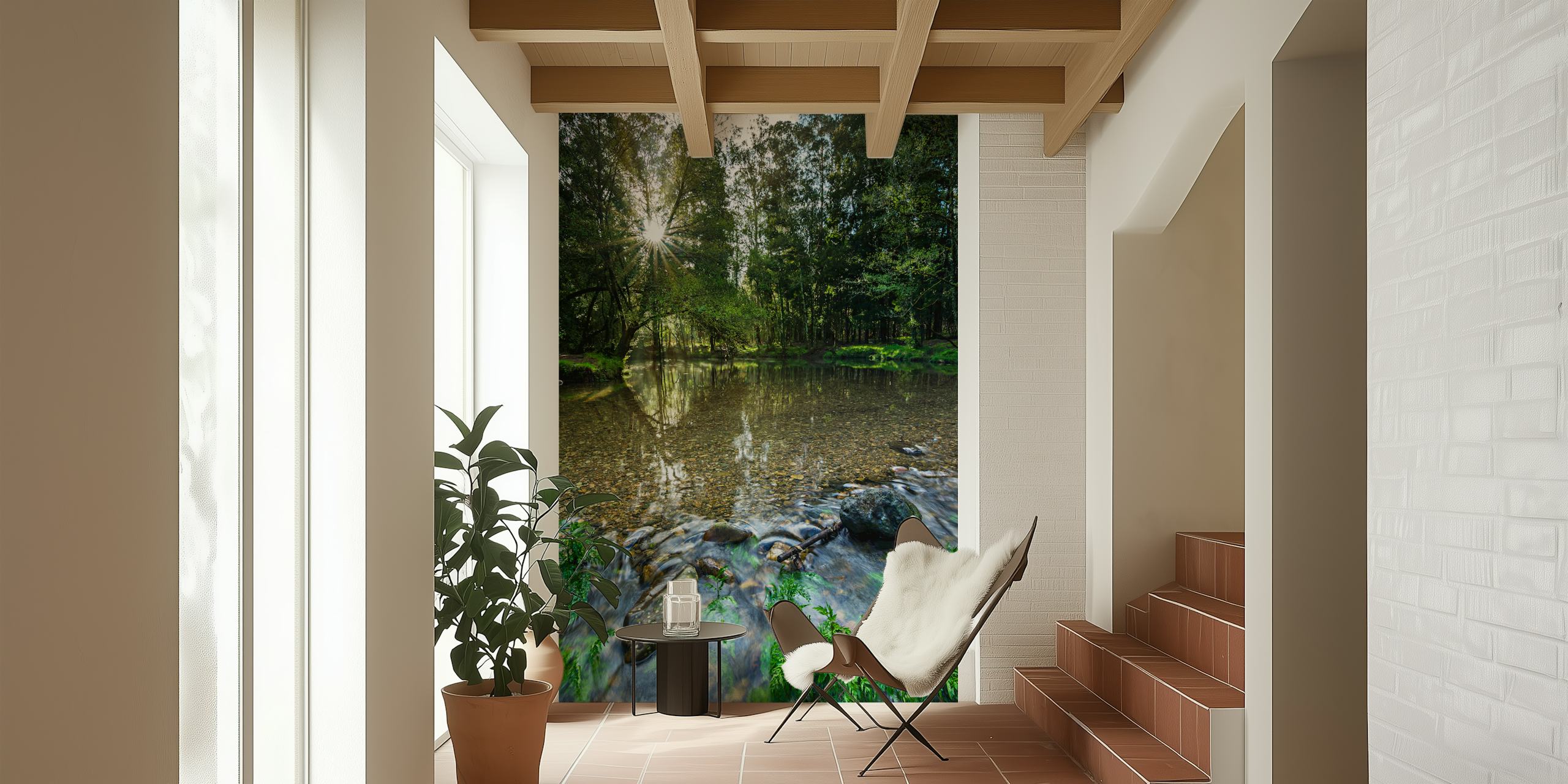 Sunlit Forest Stream behang in een kamer