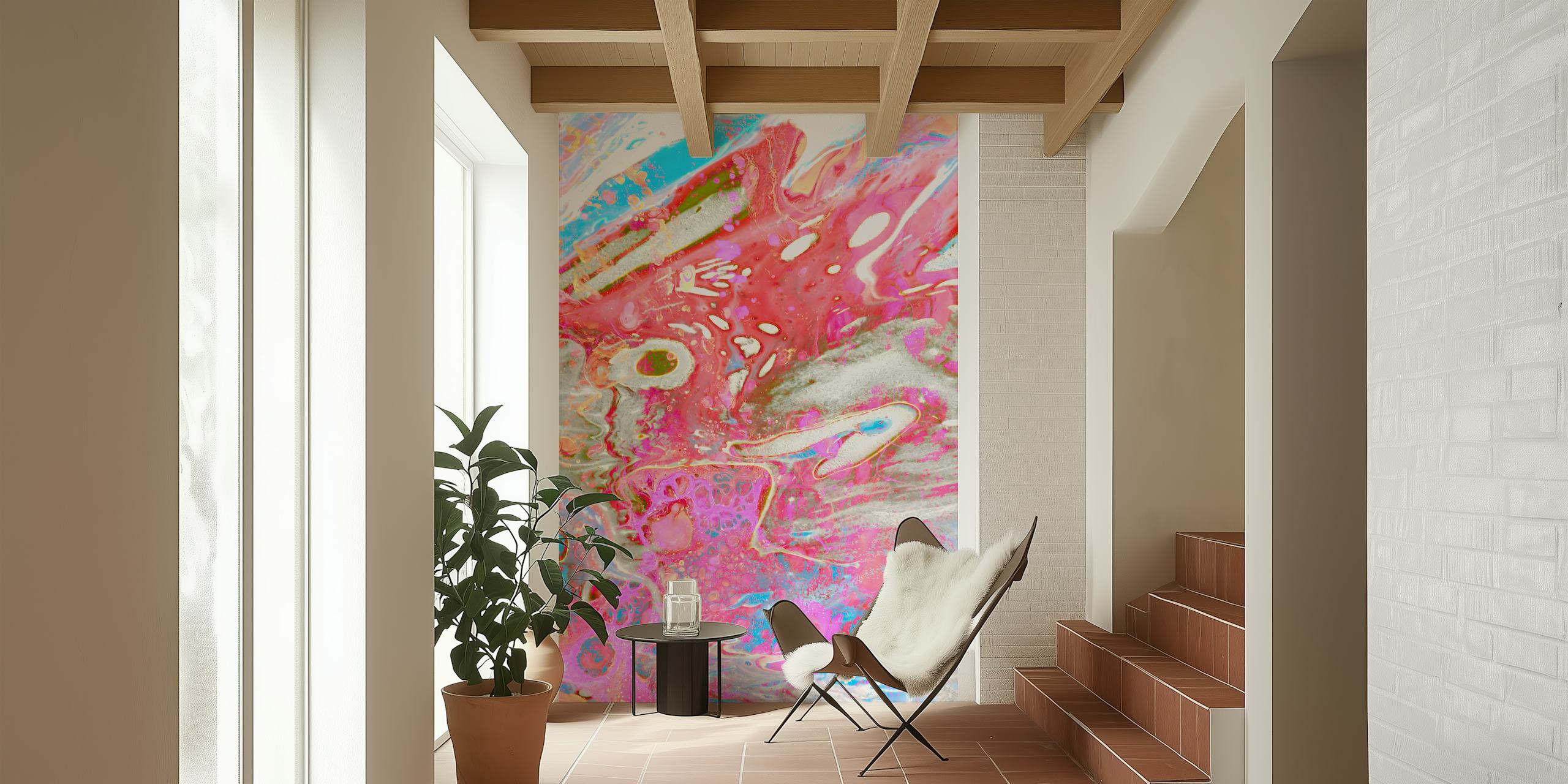 Fuchsia abstract marble pattern wallpaper featuring pink and white swirls