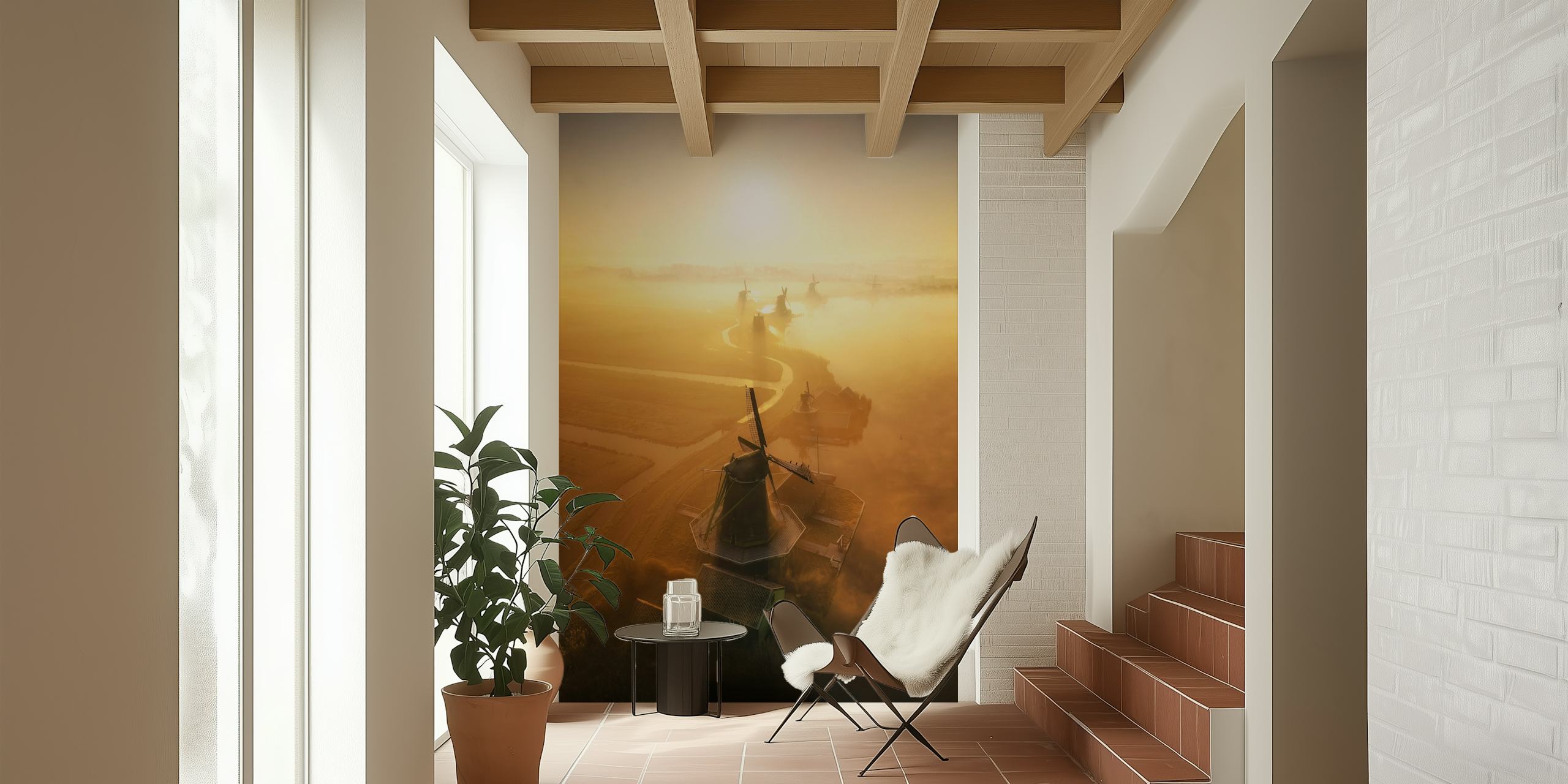 Windmills at sunrise wallpaper in a room