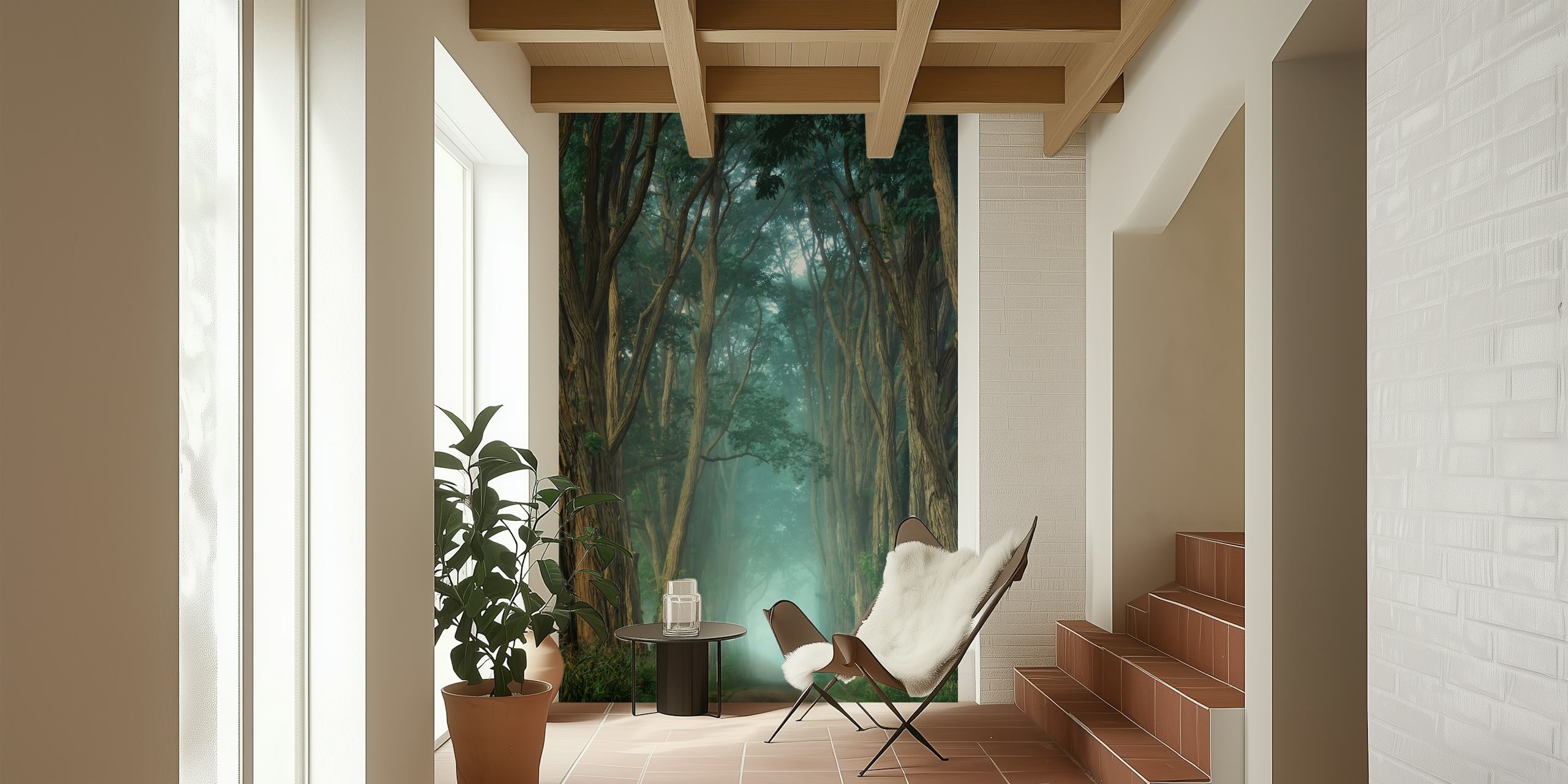 Forest path with tall trees and misty background wallpaper