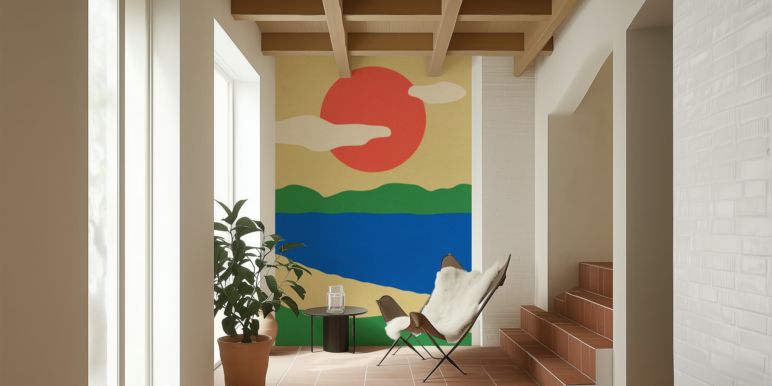 Colorful summer landscape mural with blue water, green hills, and red sun wallpaper