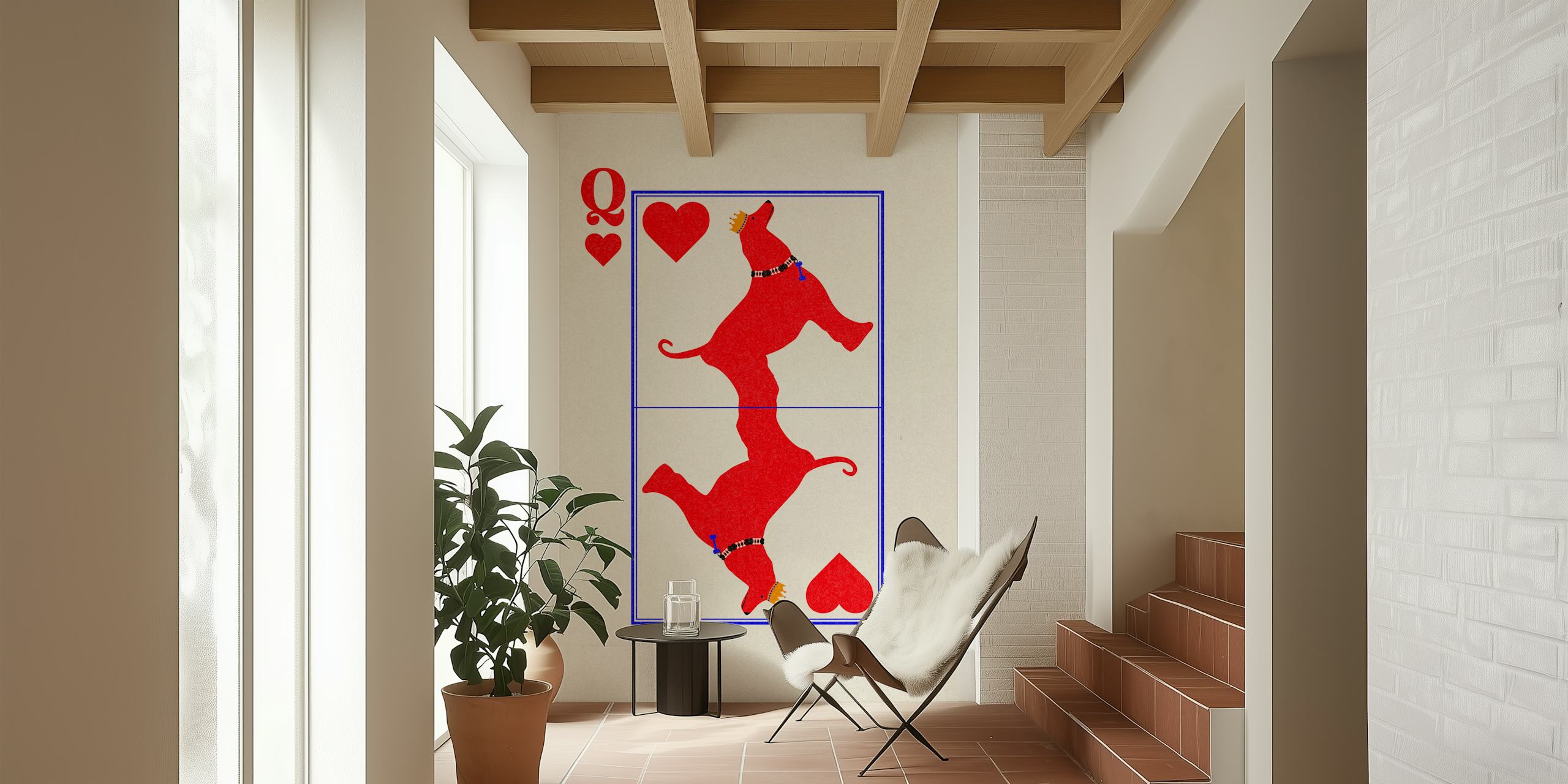 Red dog design with hearts and blue border on cream background wallpaper
