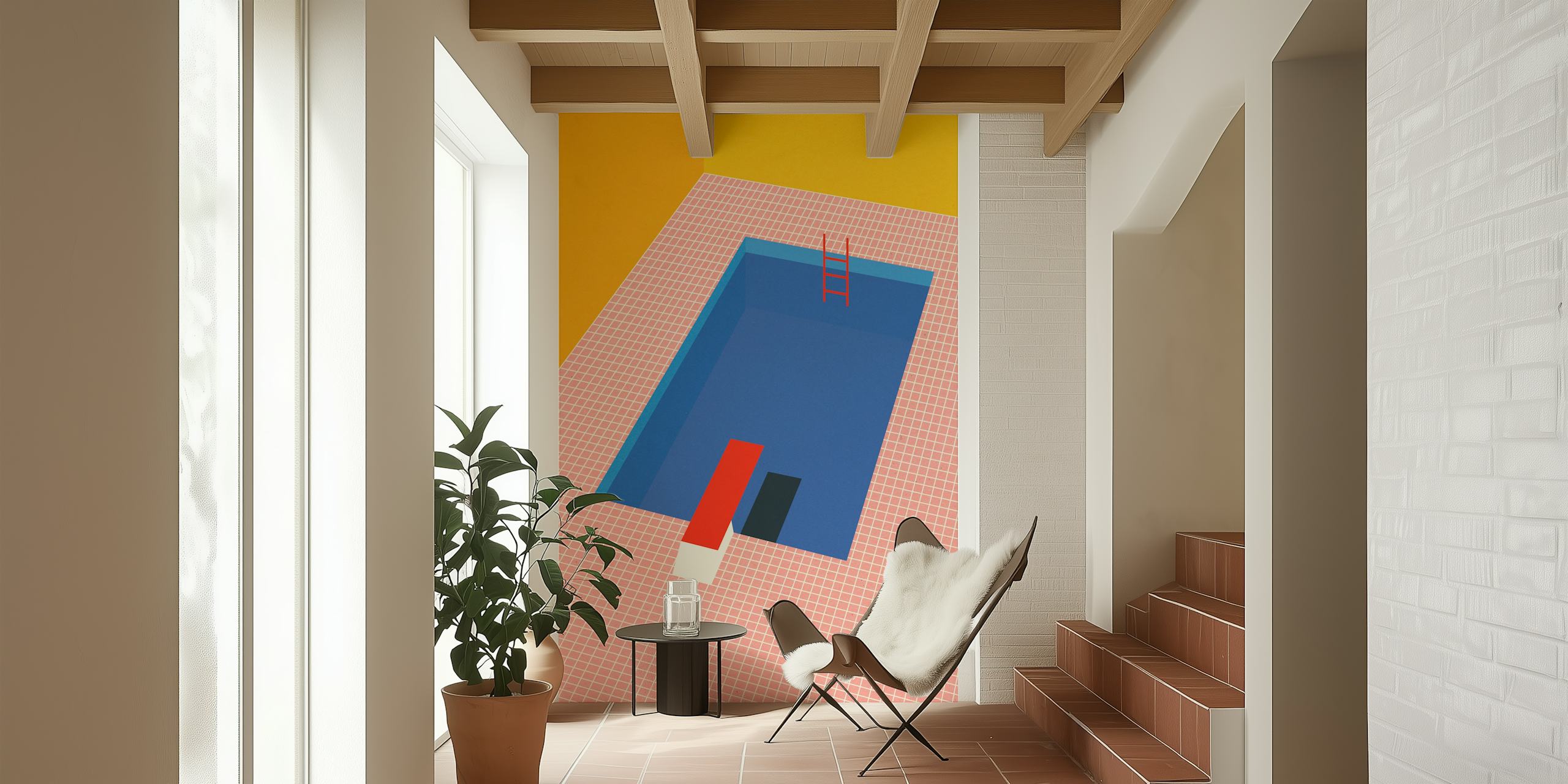 Colorful pool with blue water, red diving board, and yellow wall wallpaper