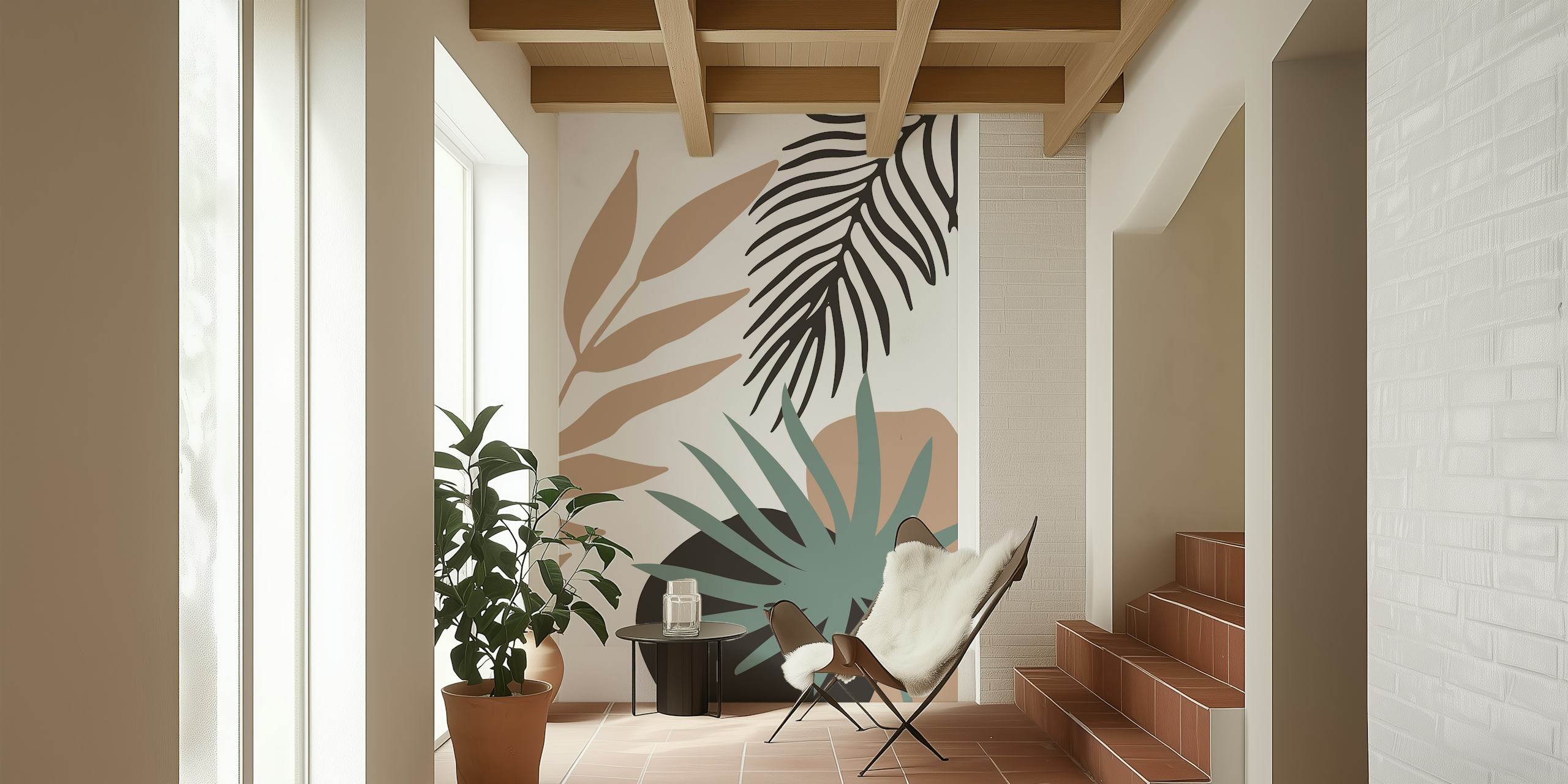 Abstract modern leaves in green, black, and beige wallpaper
