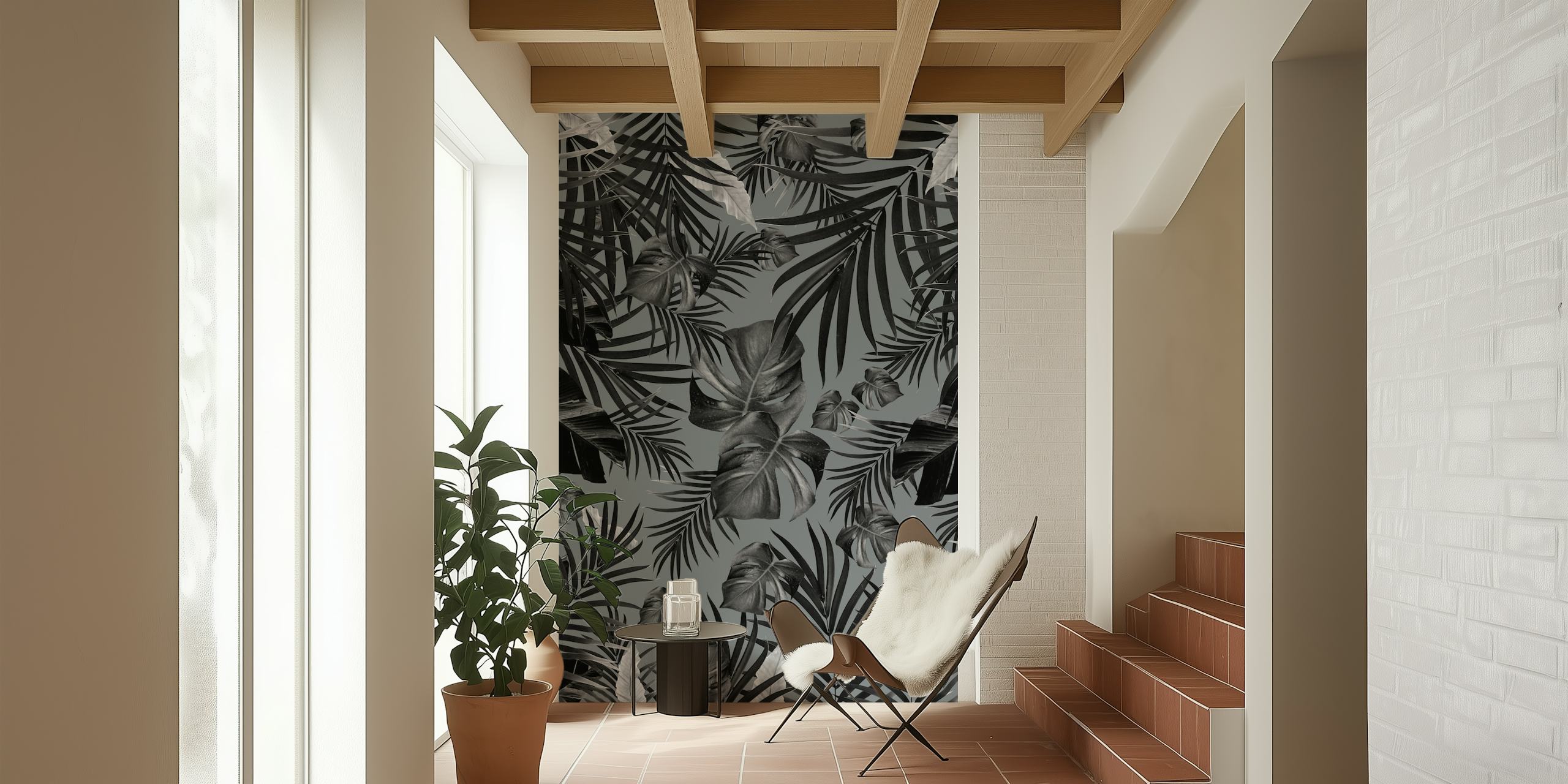 Monochrome tropical leaf pattern wall mural for interior decor