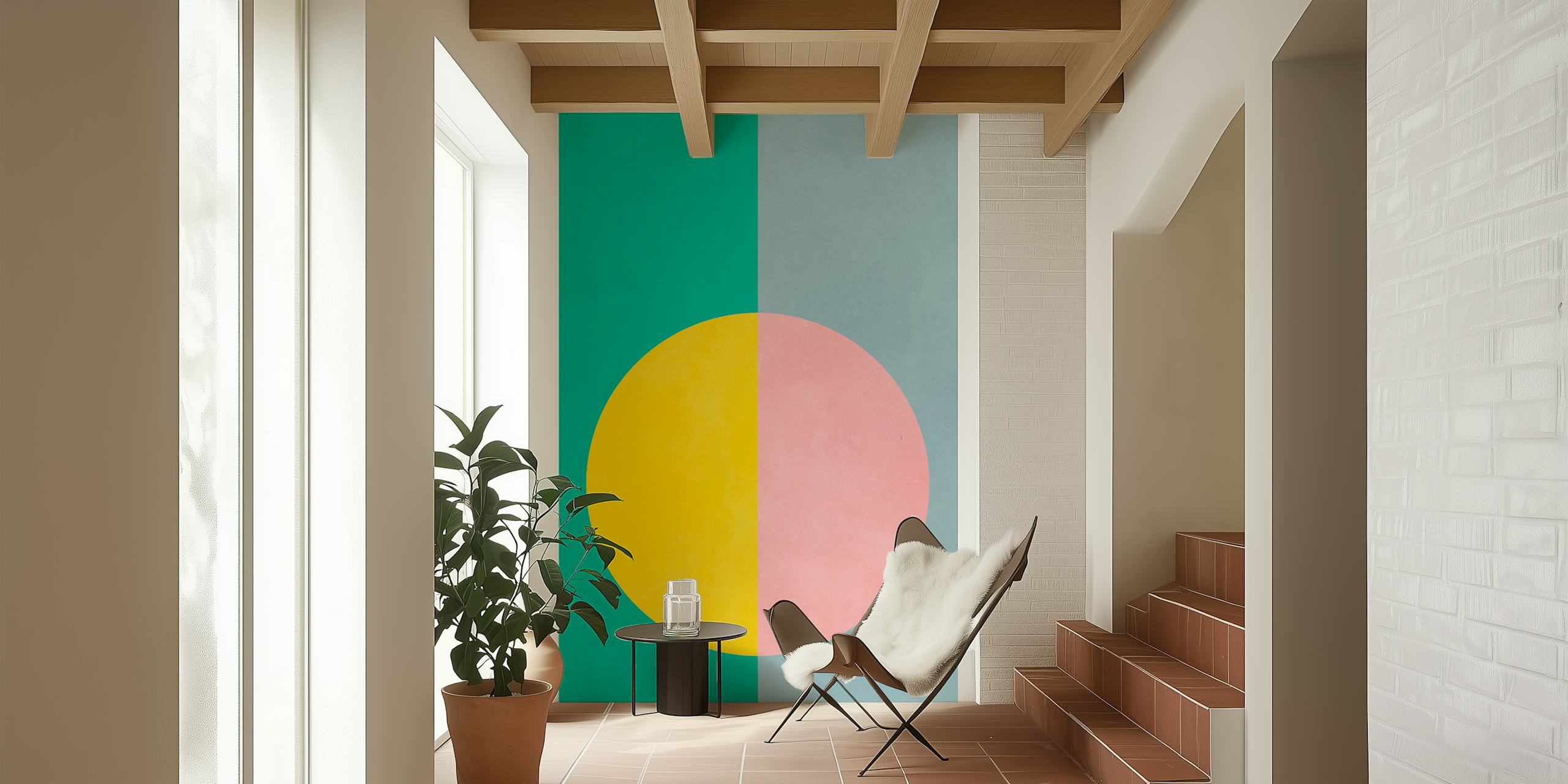 Colorful geometric shapes with green, yellow, and pink wallpaper