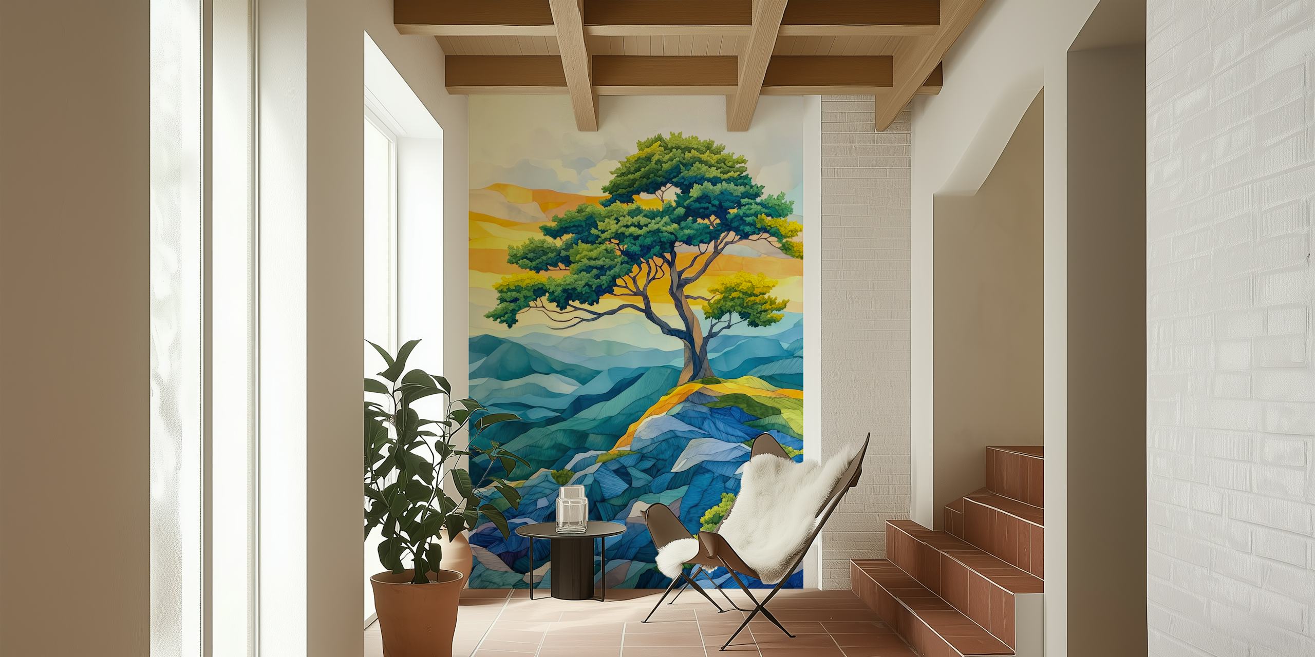 Colorful tree landscape with vibrant hues and hills wallpaper