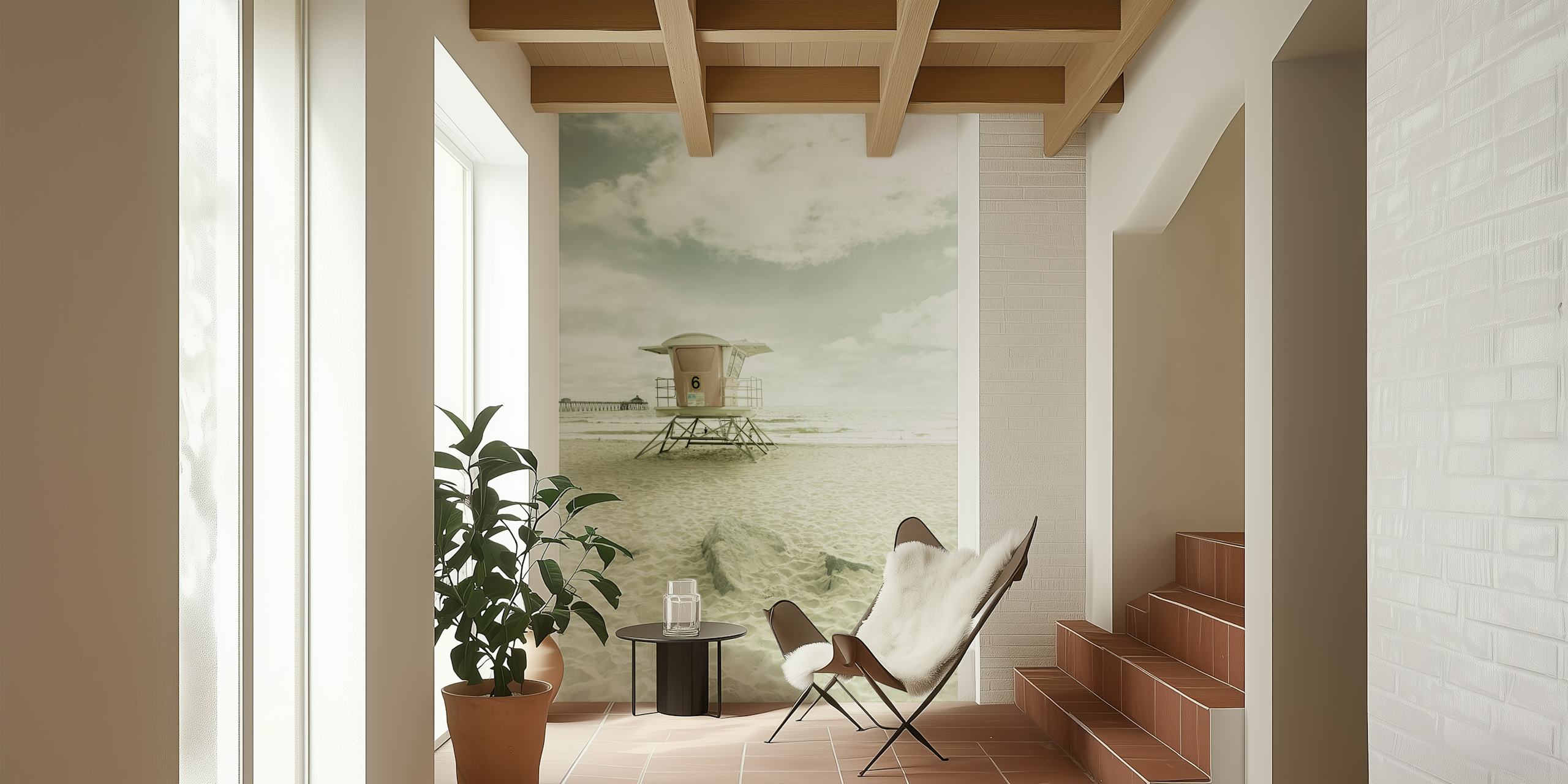 Beach lifeguard tower on sandy shore, sepia tone wallpaper