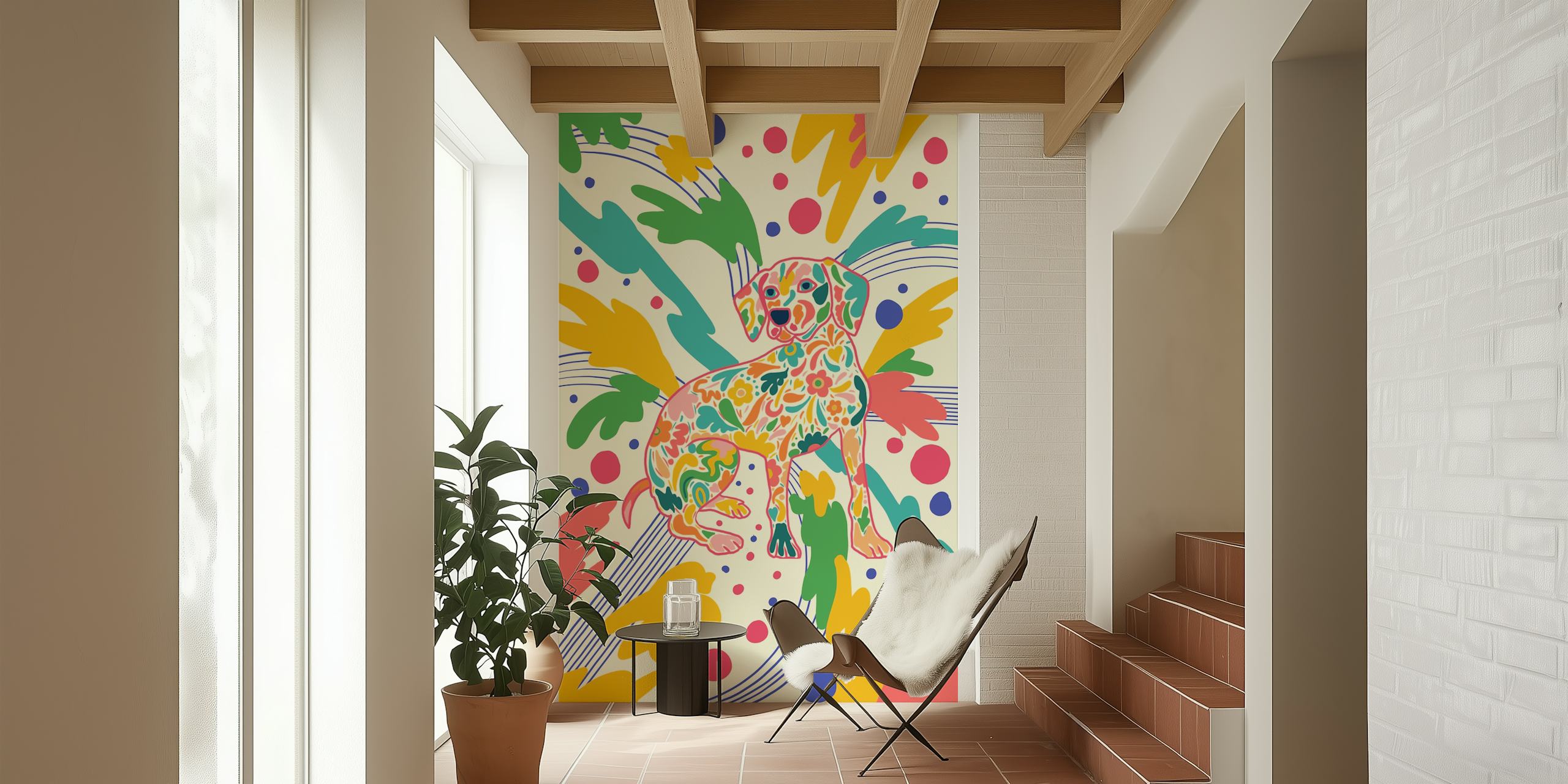 Colorful dog surrounded by vibrant patterns and shapes wallpaper