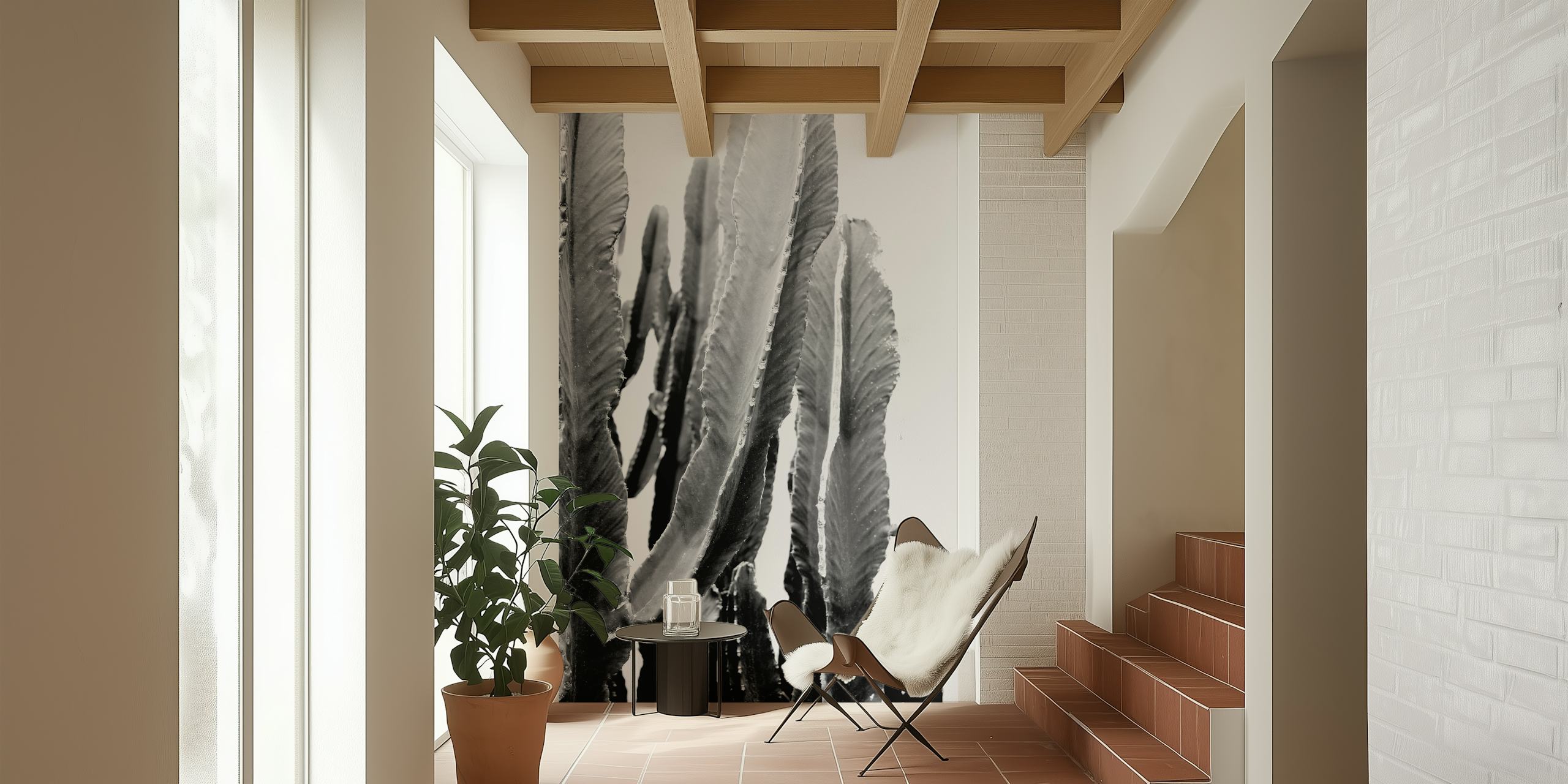 Monochrome cactus wallpaper i ett rum