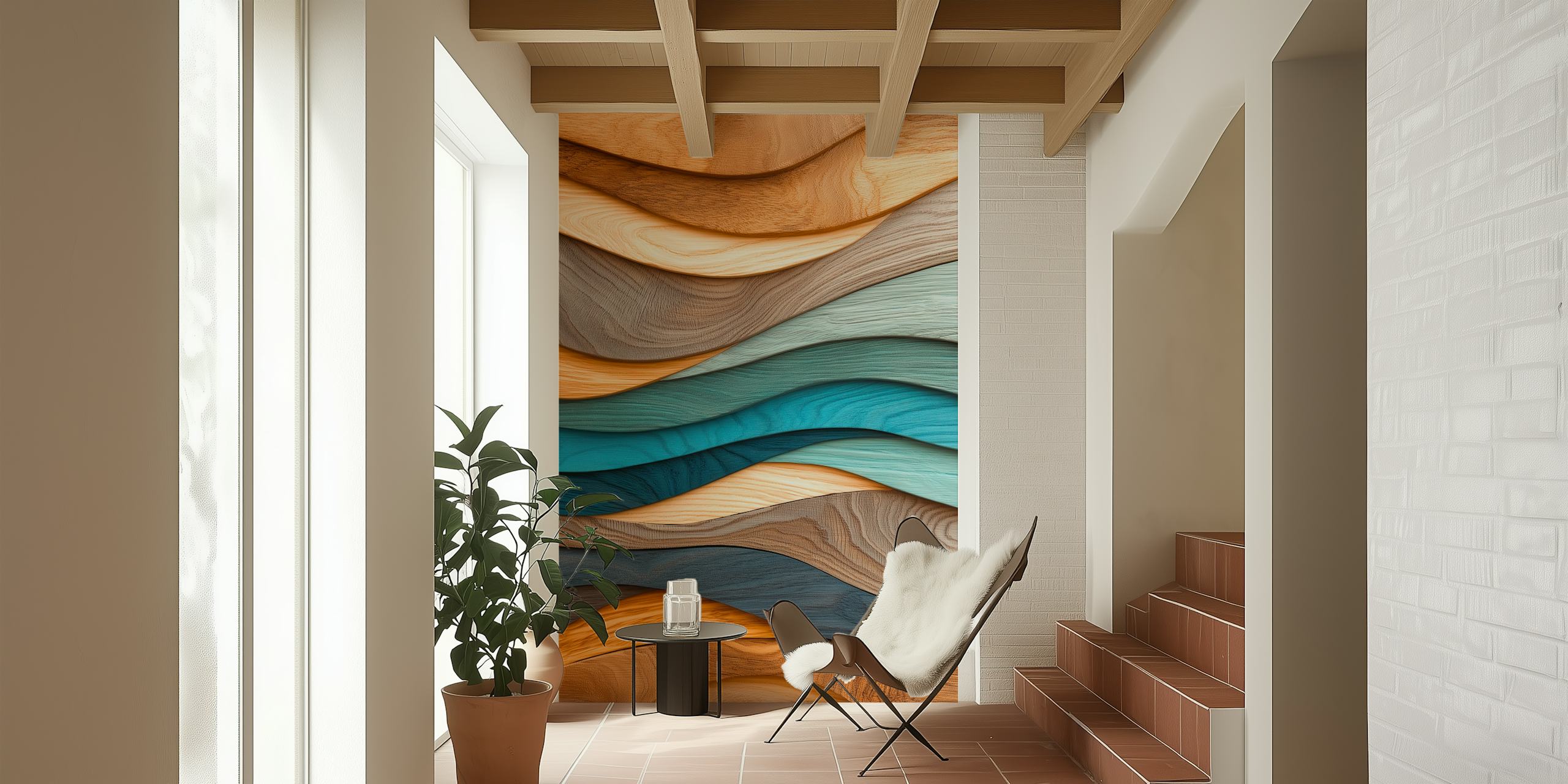 Wavy wood grain in various shades of brown and blue wallpaper