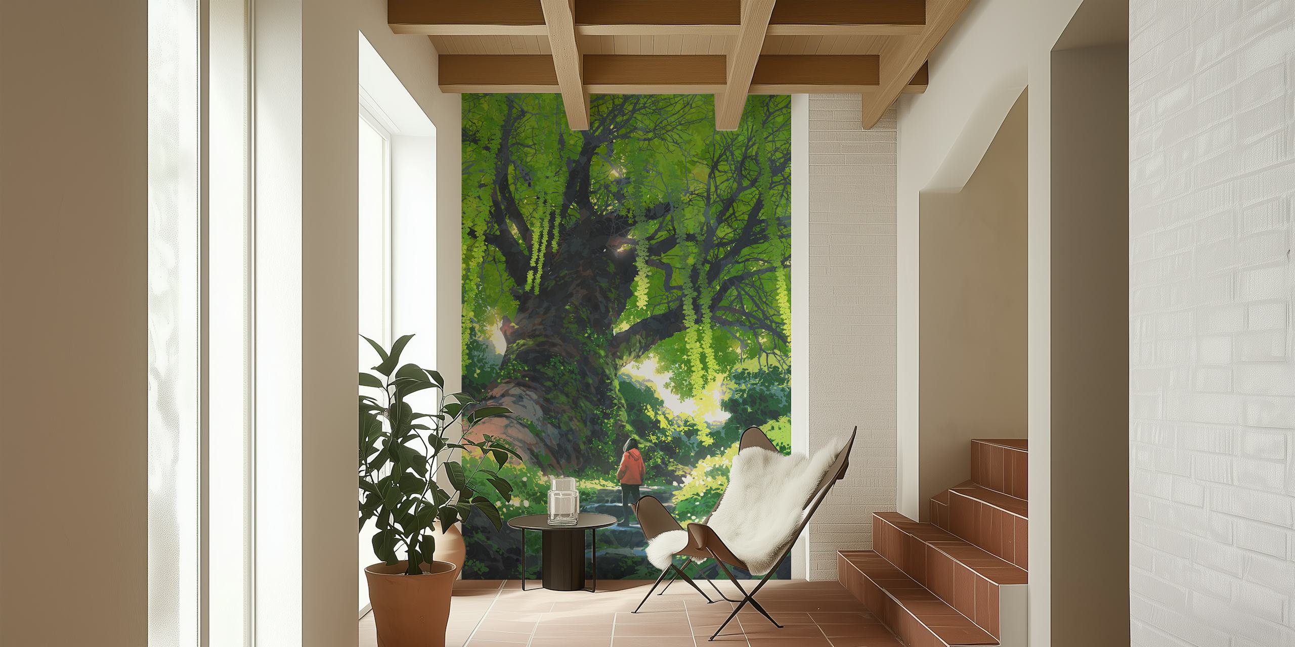 Girl που στέκεται δίπλα σε μια Giant Tree ταπετσαρία