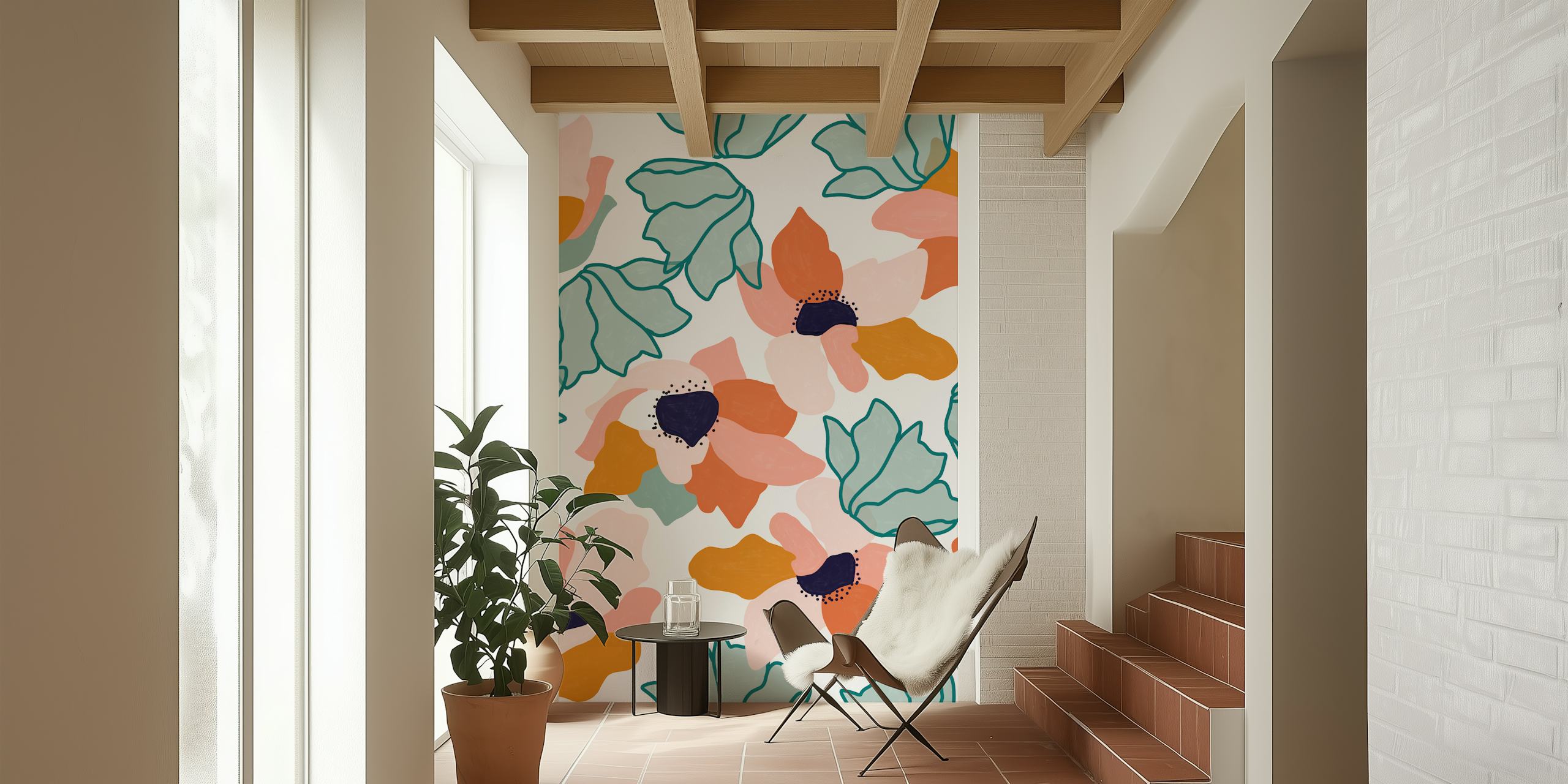 Bright floral pattern in coral, pink, and mint green colors wallpaper