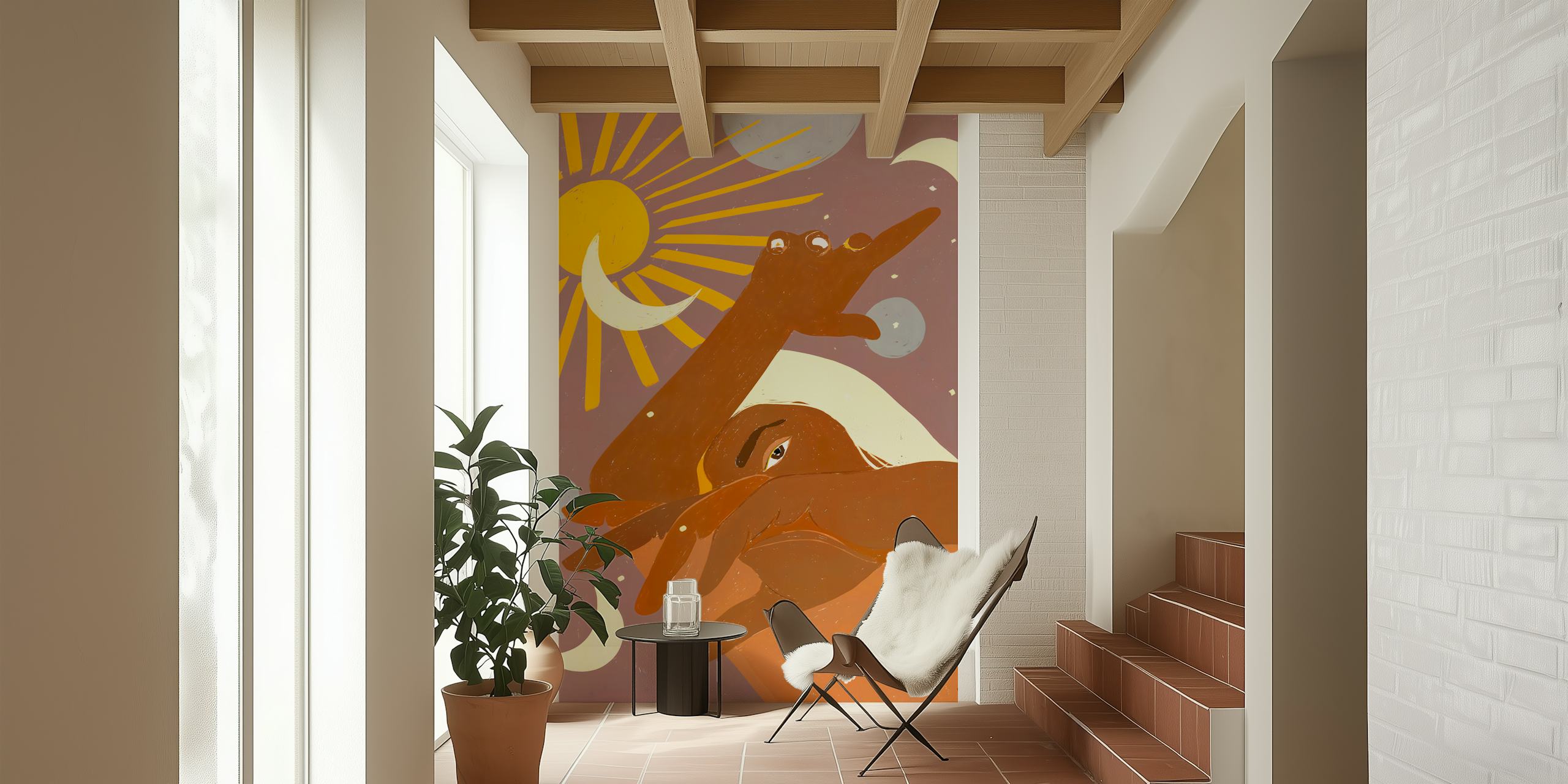 Papel pintado de temática celestial con luna y sol