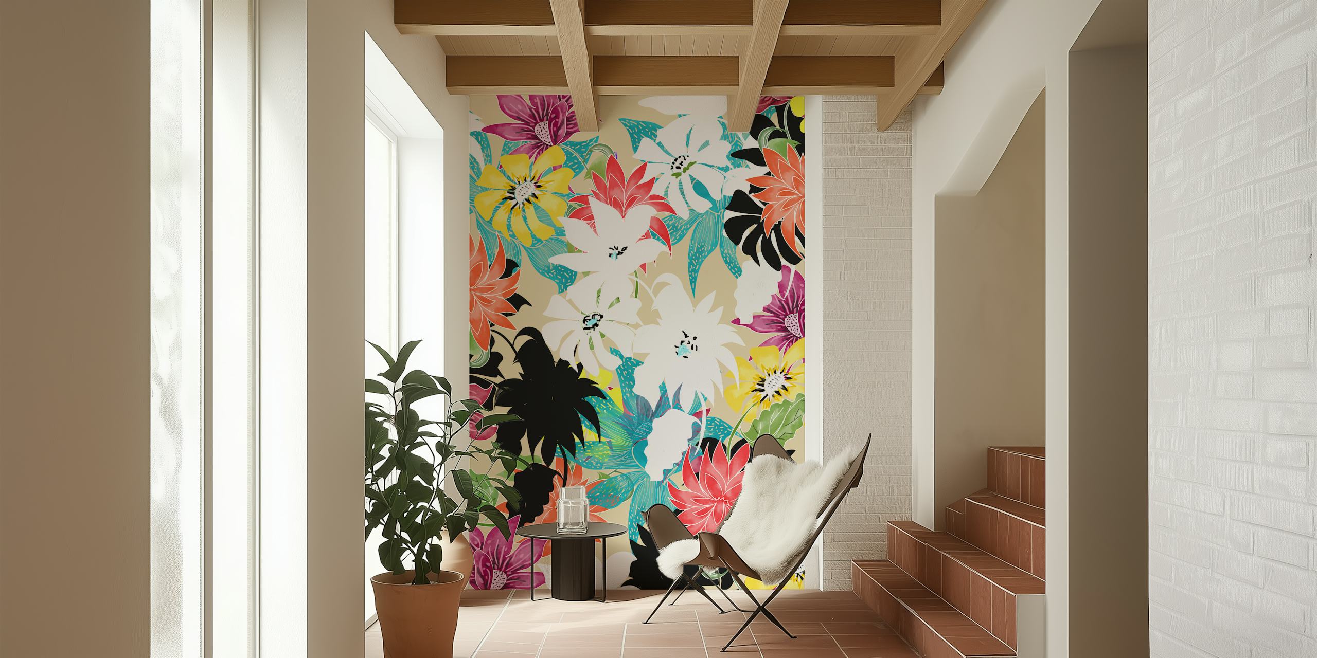 Padrão floral Dalia papel de parede em um quarto