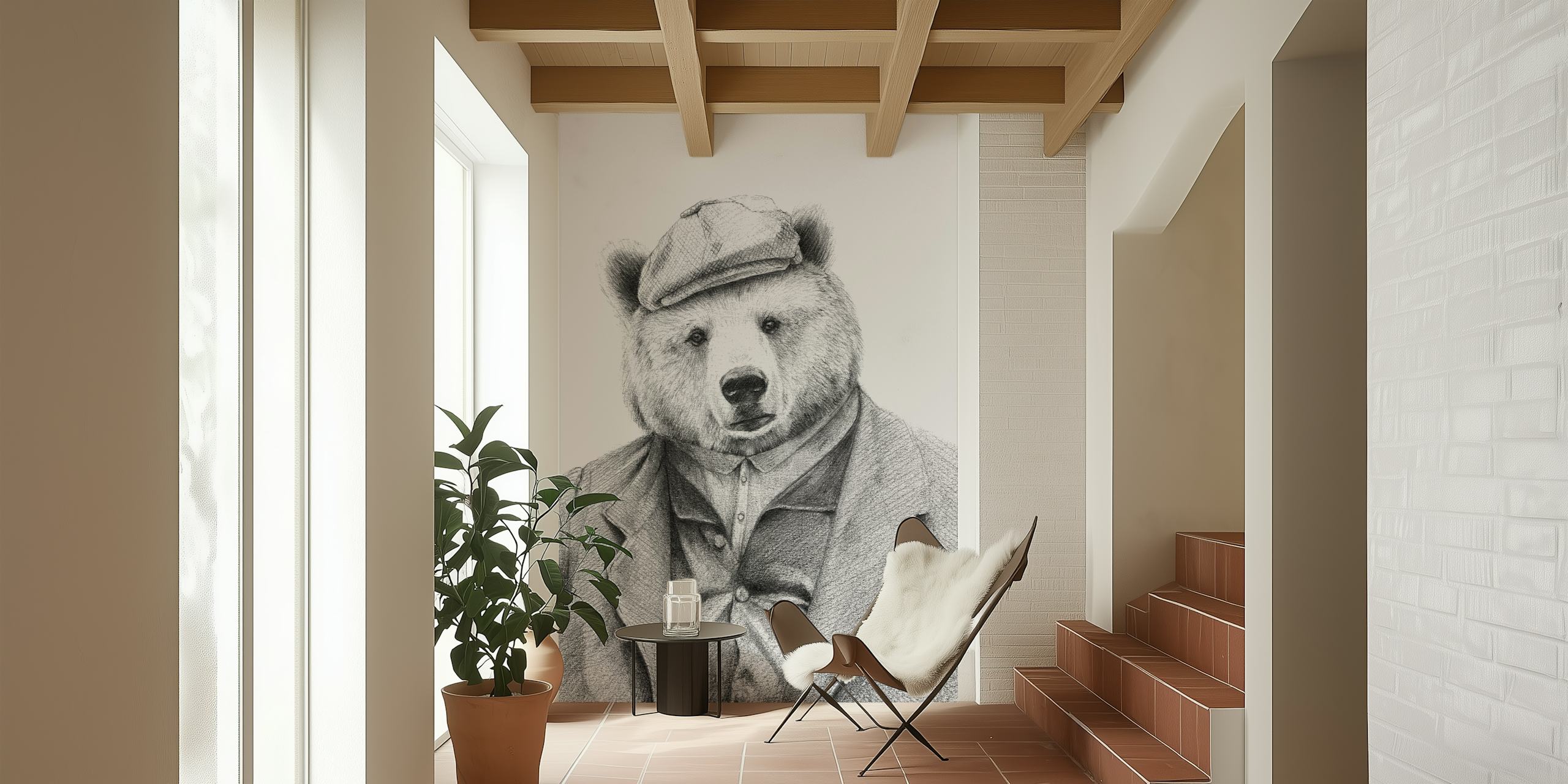 Illustration of a bear in a suit and cap, black and white wallpaper