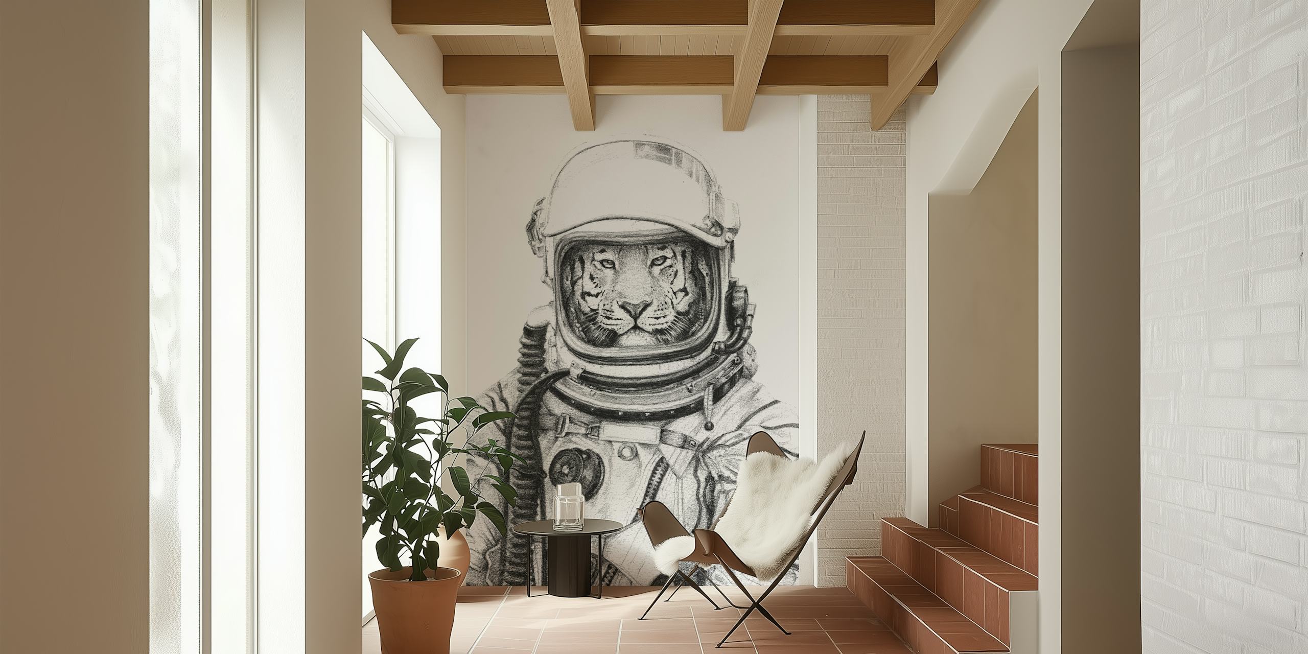 Black and white tiger astronaut illustration wallpaper