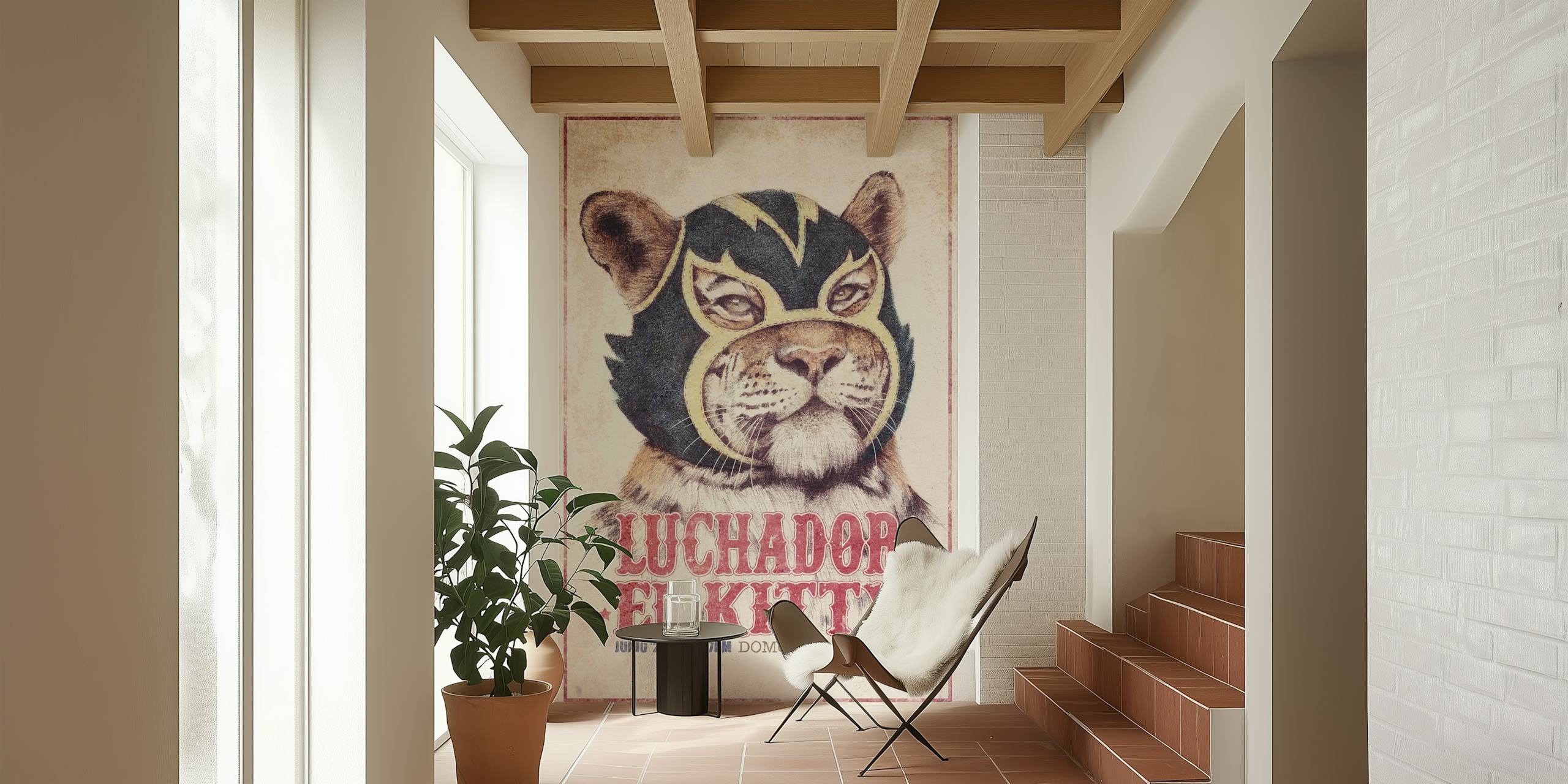 Colorful El Kitty cat wearing a mask, vintage style wallpaper